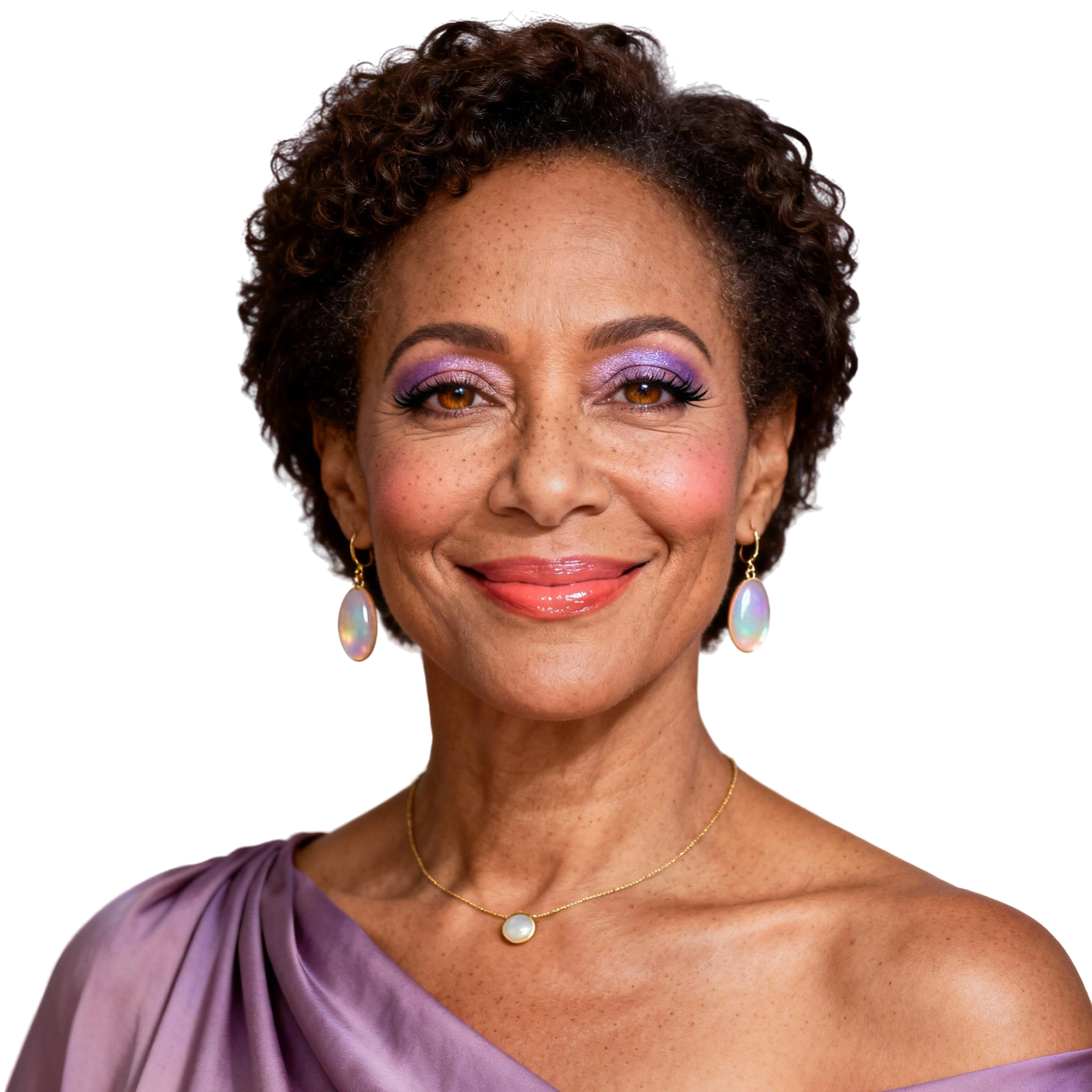 AI-generated portrait of a middle-aged woman with short curly hair, wearing a draped top and earrings, posed with a gentle smile against a transparent background in diffused light.