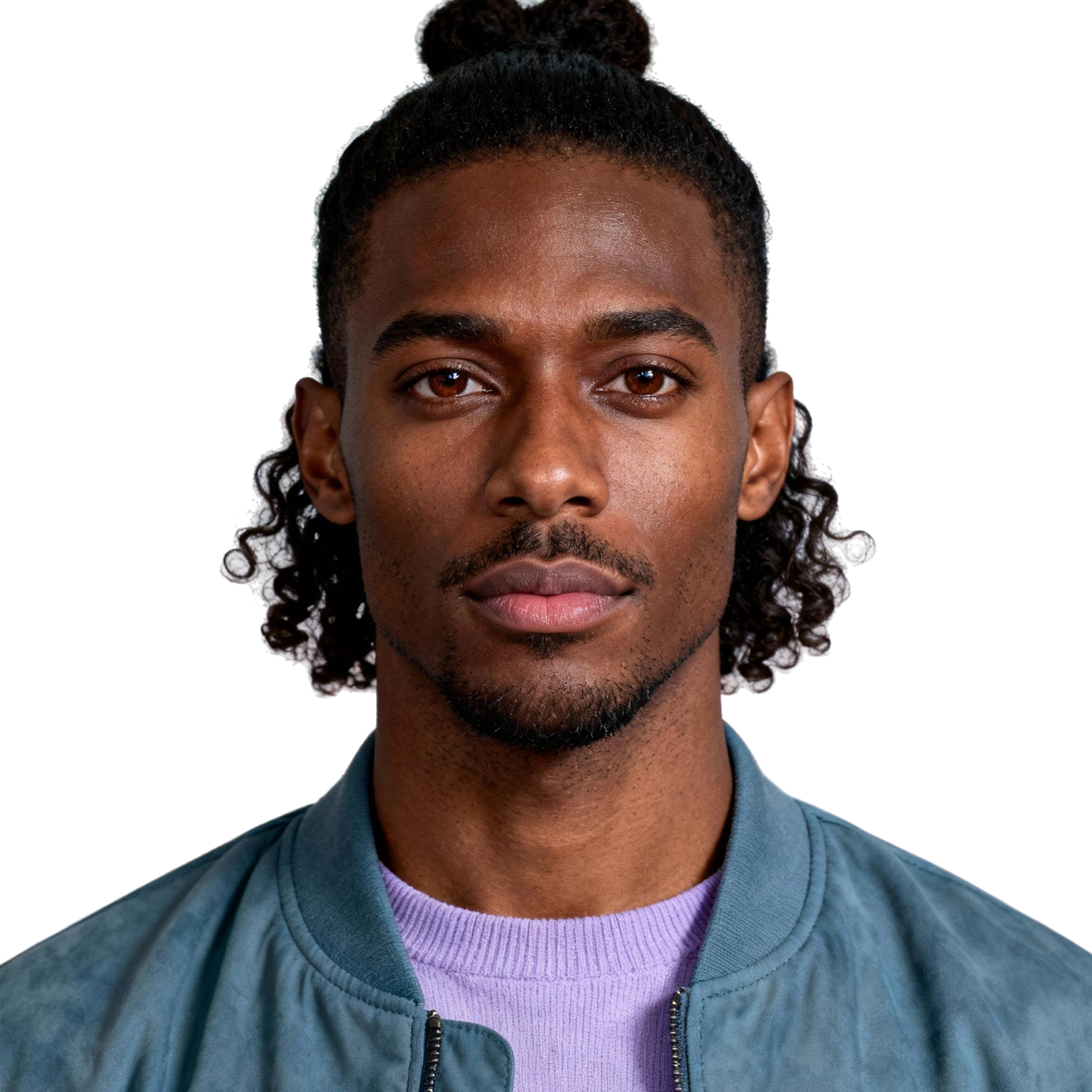 AI-generated portrait of a young man with curly hair tied back and faint facial hair, wearing a jacket over a knit top, posed with a neutral expression against a transparent background in diffused light.