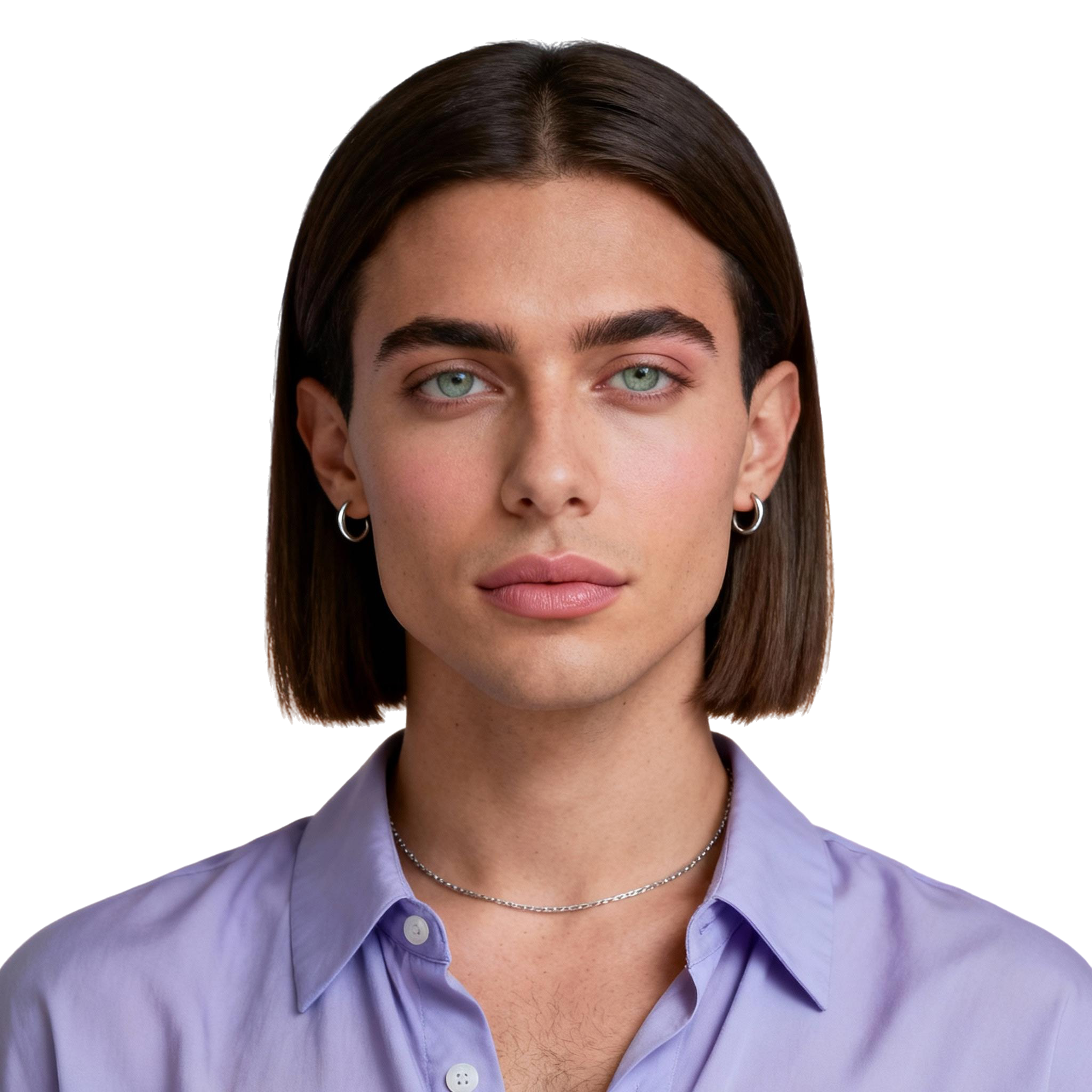 AI-generated portrait of a young woman with straight bobbed hair and minimal makeup, wearing a button-up shirt, posed with a neutral expression against a transparent background in diffused light.