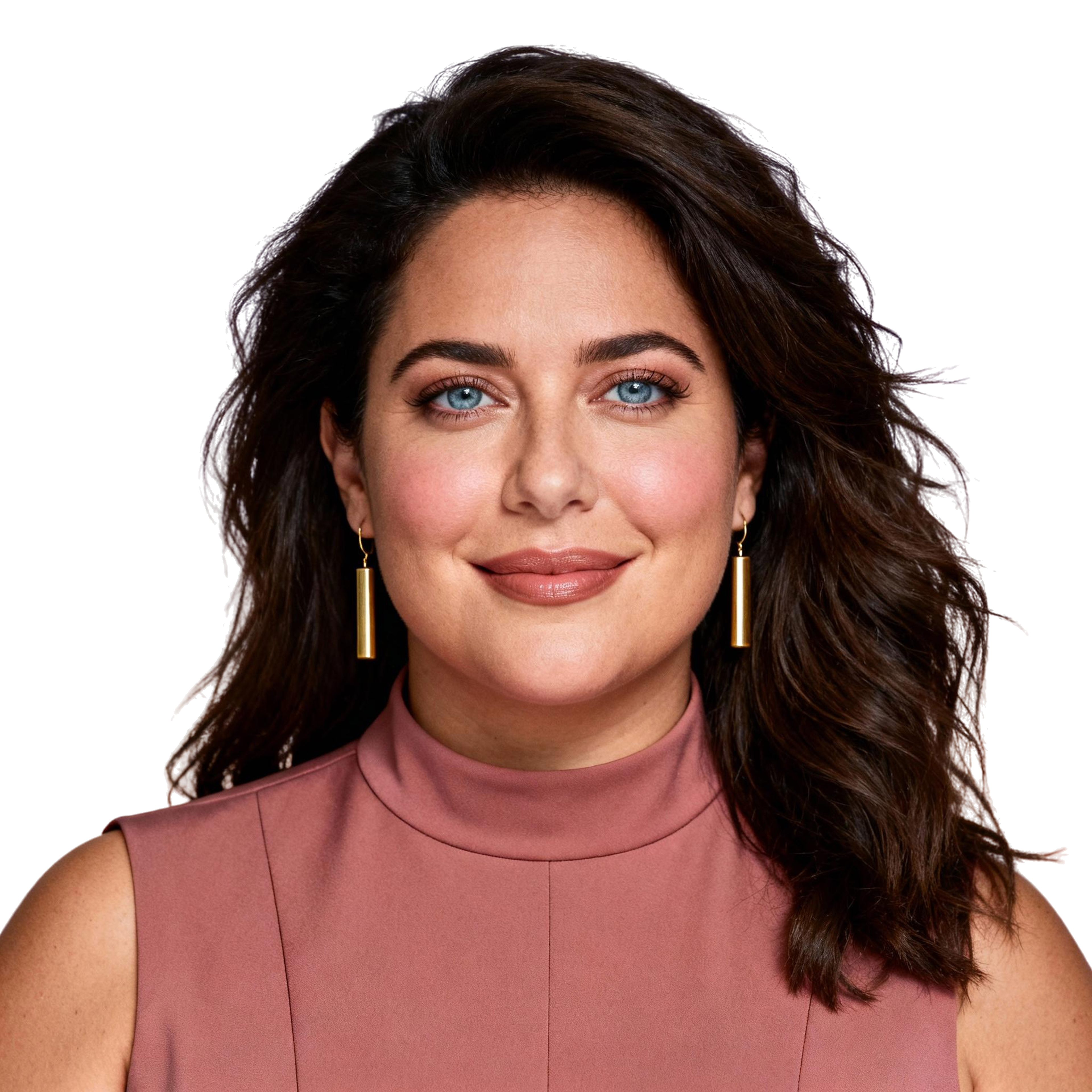 AI-generated portrait of a middle-aged woman with wavy hair and soft makeup, wearing a sleeveless top and long earrings, posed with a calm smile against a transparent background in diffused light.