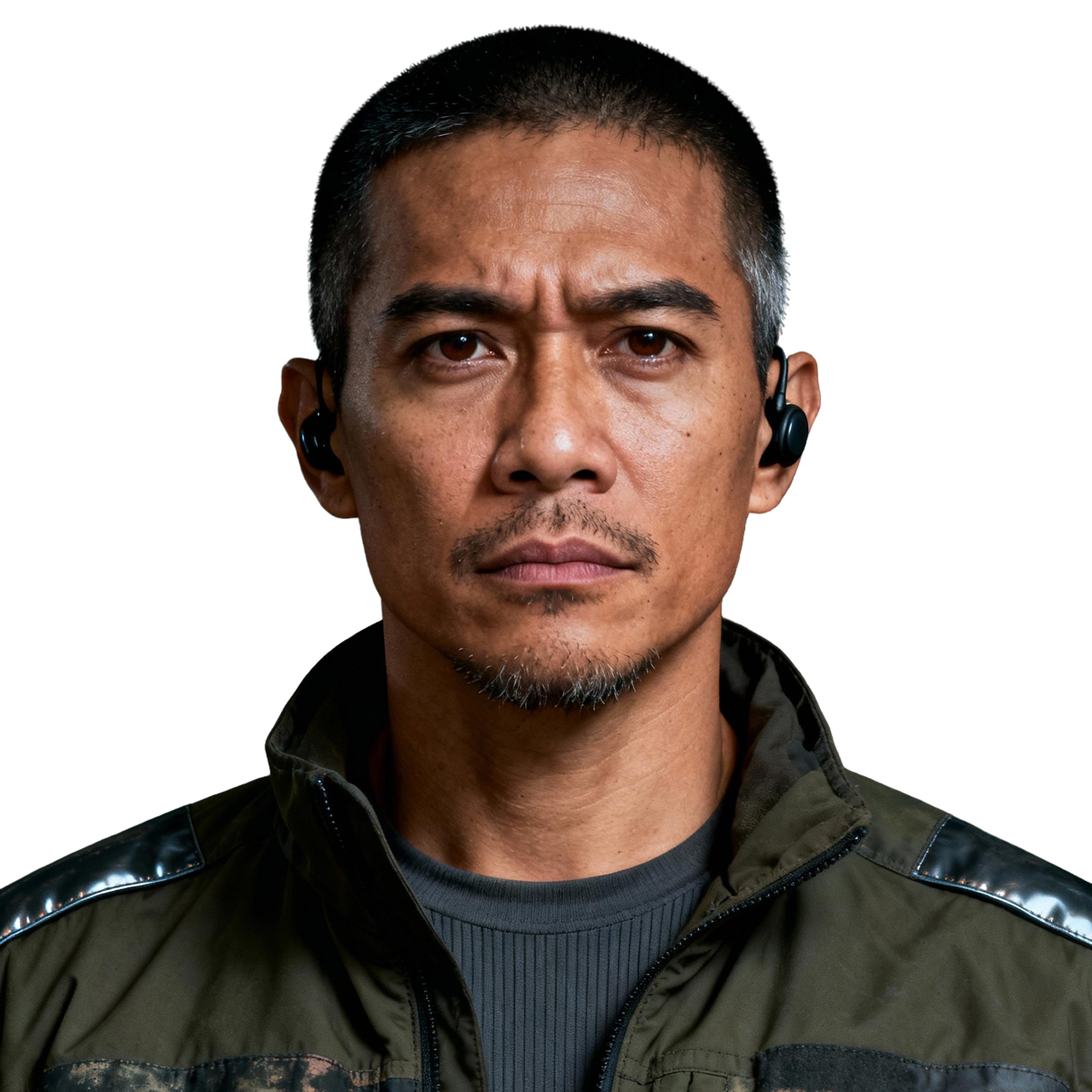 AI-generated portrait of a middle-aged man with close-cropped hair and subtle stubble, wearing a tactical jacket and in-ear device, posed with a serious expression against a transparent background in high-contrast lighting.