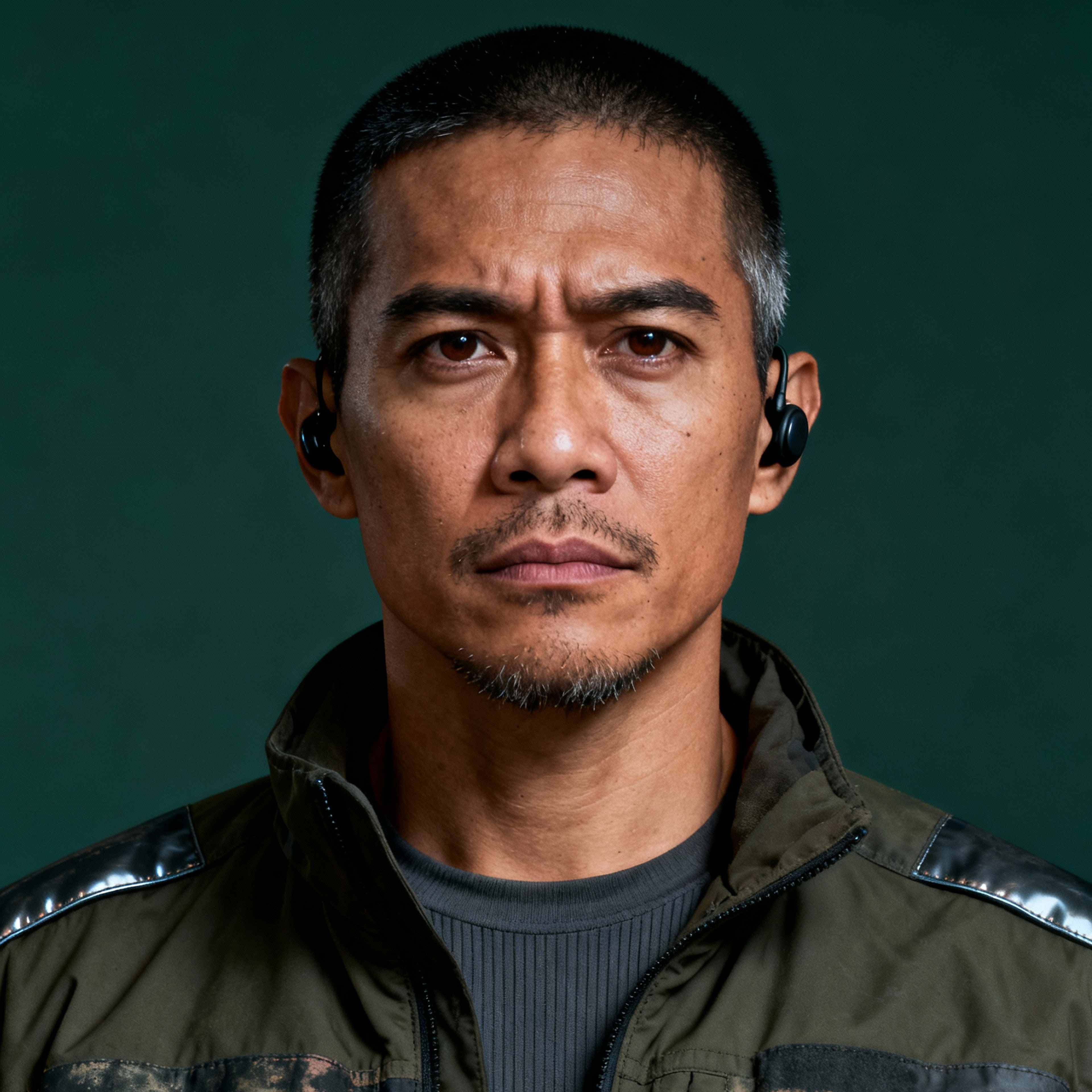 AI-generated portrait of a middle-aged man with close-cropped hair and subtle stubble, wearing a tactical jacket and in-ear device, posed with a serious expression against a dark green background in high-contrast lighting.