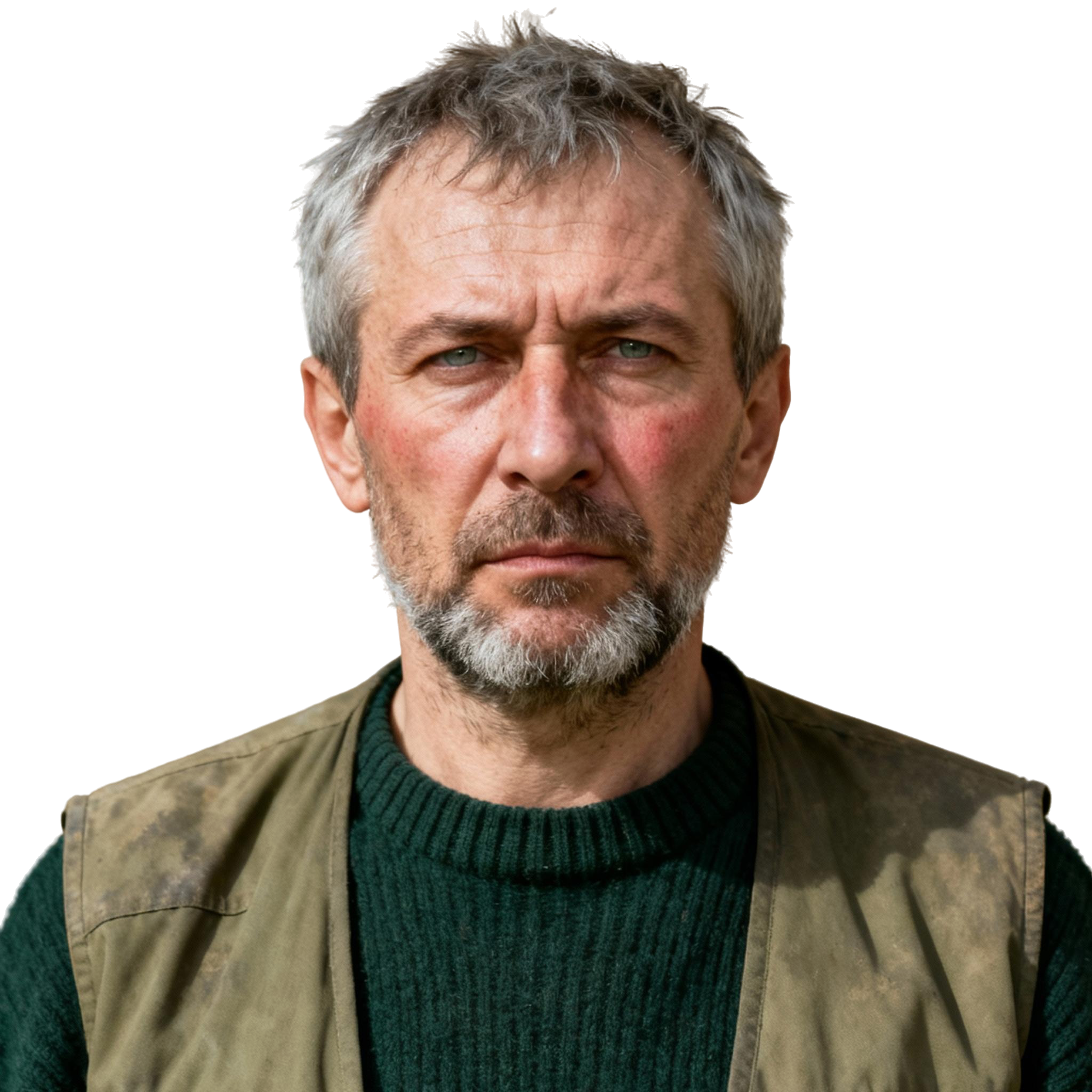AI-generated portrait of a middle-aged man with short gray hair and a trimmed beard, wearing layered utilitarian clothing, posed with a guarded expression against a transparent background in directional lighting.