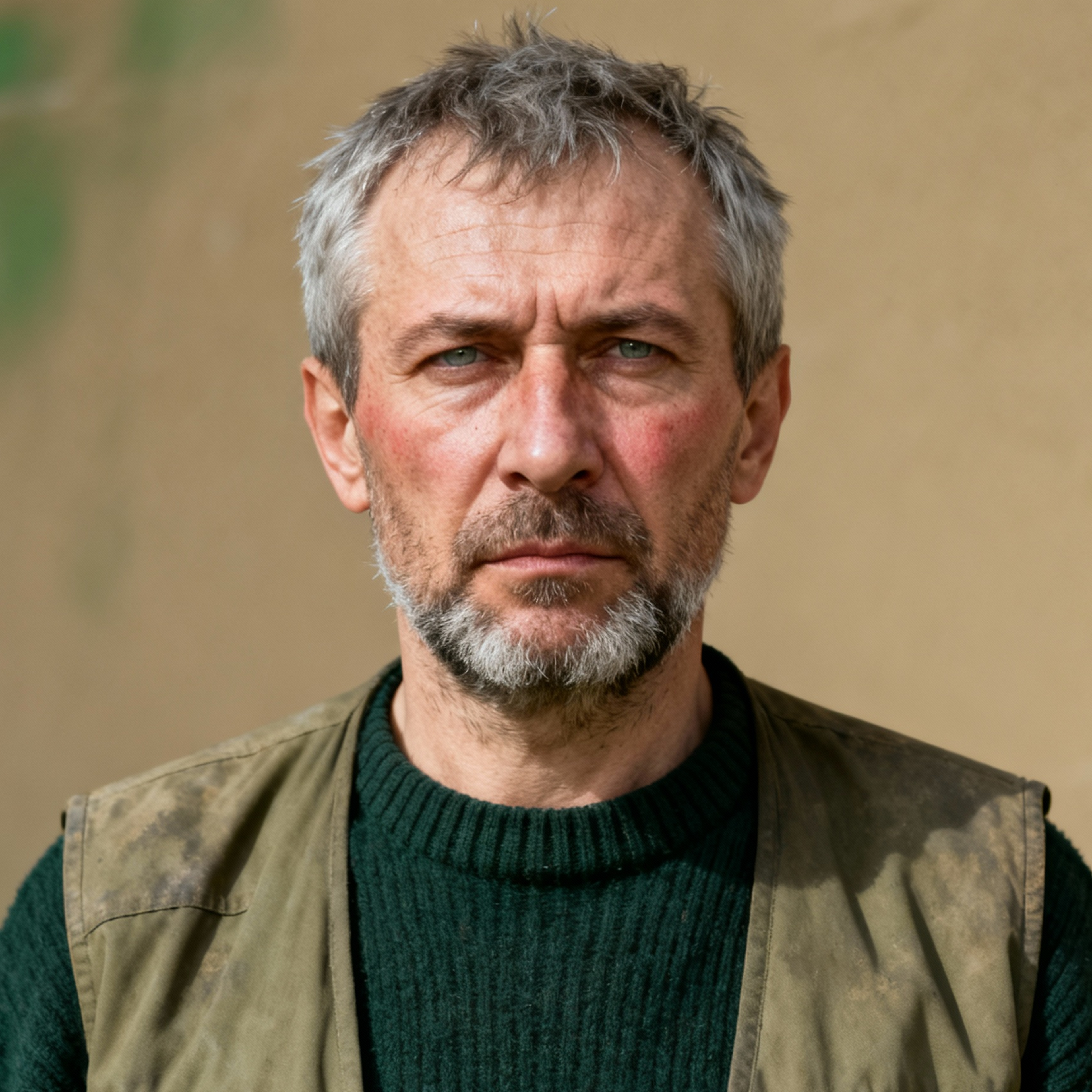 AI-generated portrait of a middle-aged man with short gray hair and a trimmed beard, wearing layered utilitarian clothing, posed with a guarded expression against a muted tan background in directional lighting.