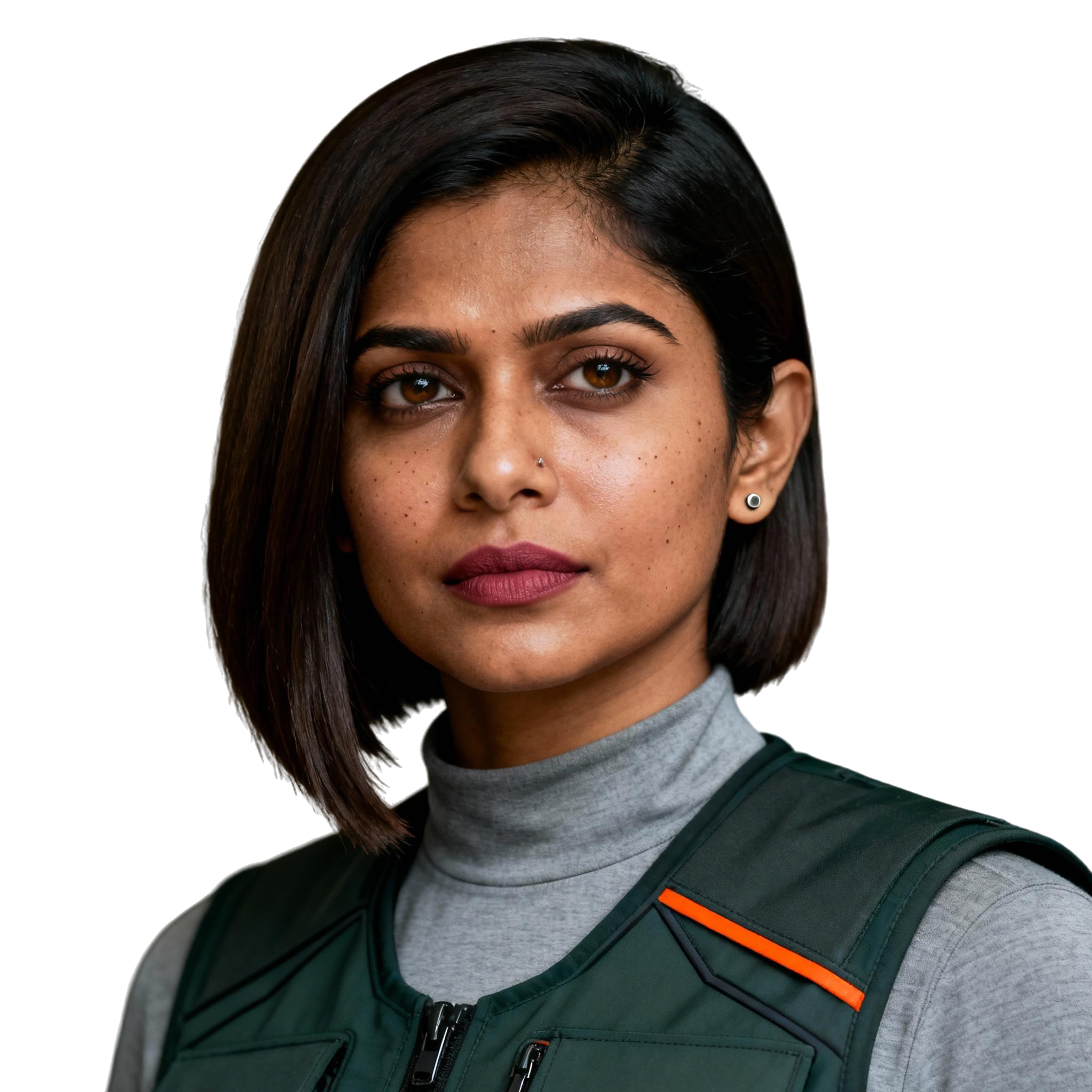 AI-generated portrait of a young woman with a sleek bob haircut and defined features, wearing a tactical vest over a high-neck top, posed with a calm serious expression against a transparent background in cool lighting.
