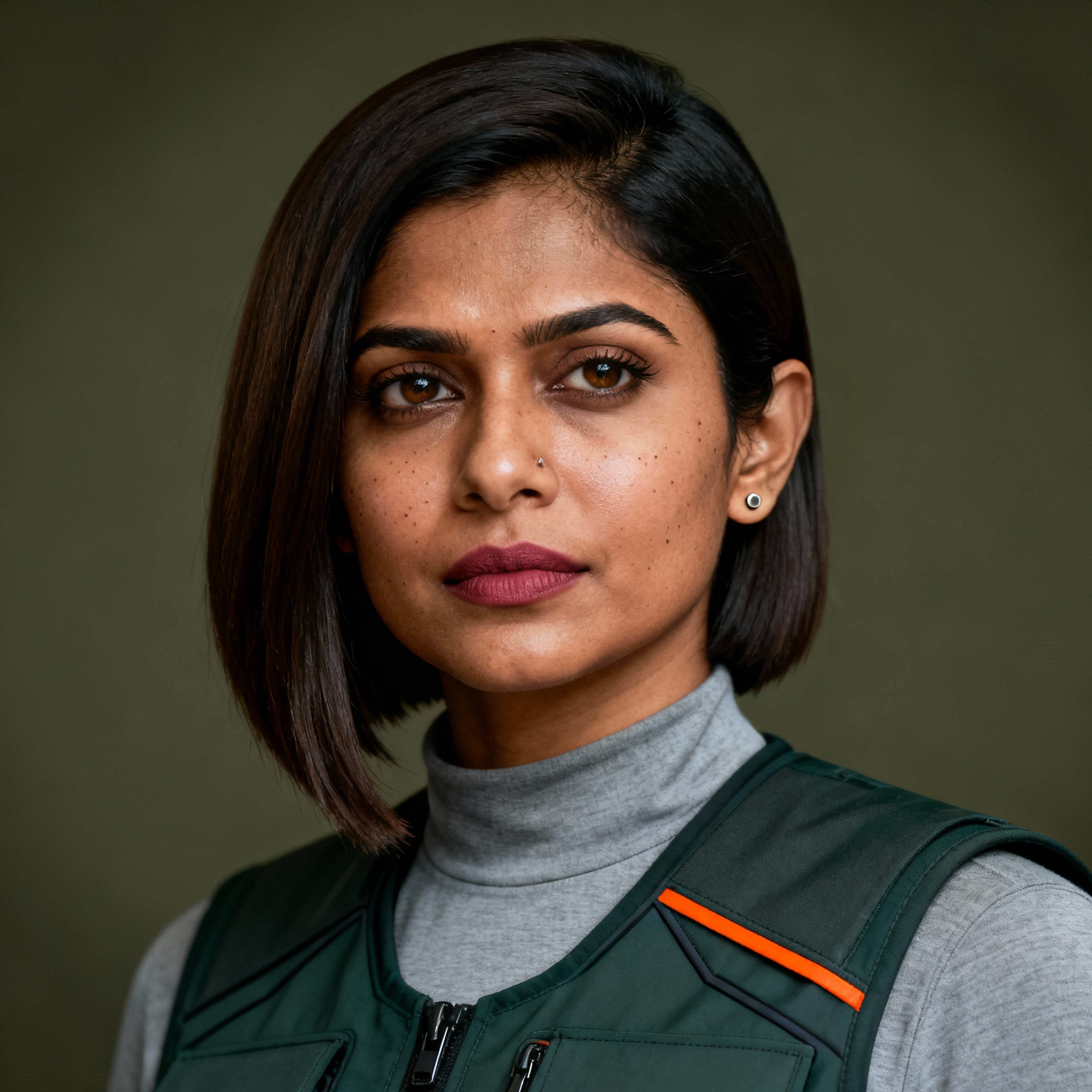 AI-generated portrait of a young woman with a sleek bob haircut and defined features, wearing a tactical vest over a high-neck top, posed with a calm serious expression against an olive-toned background in cool lighting.