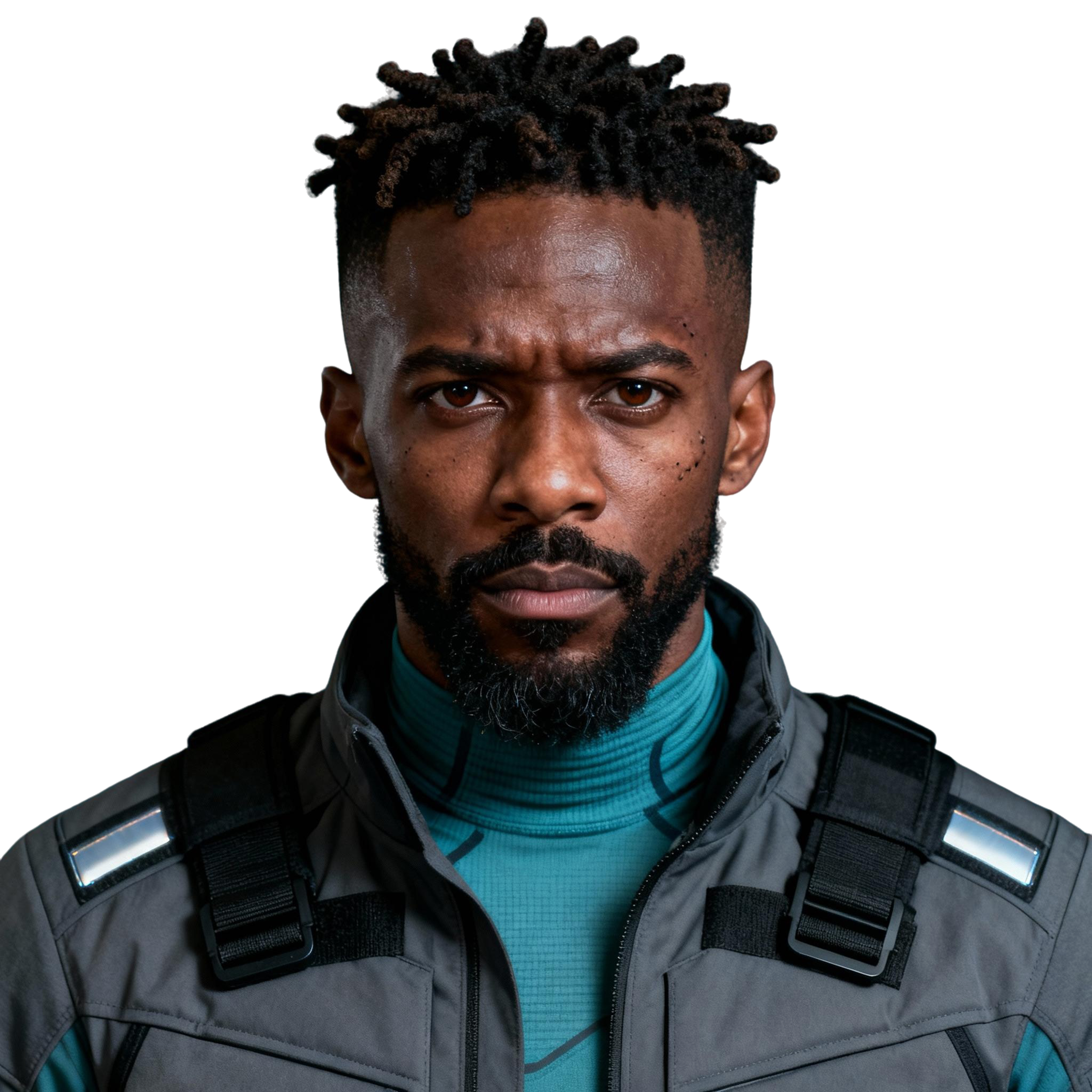 AI-generated portrait of a young man with short textured hair and a trimmed beard, wearing a tactical vest and high-collar top, posed with a stern expression against a transparent background in high-contrast lighting.