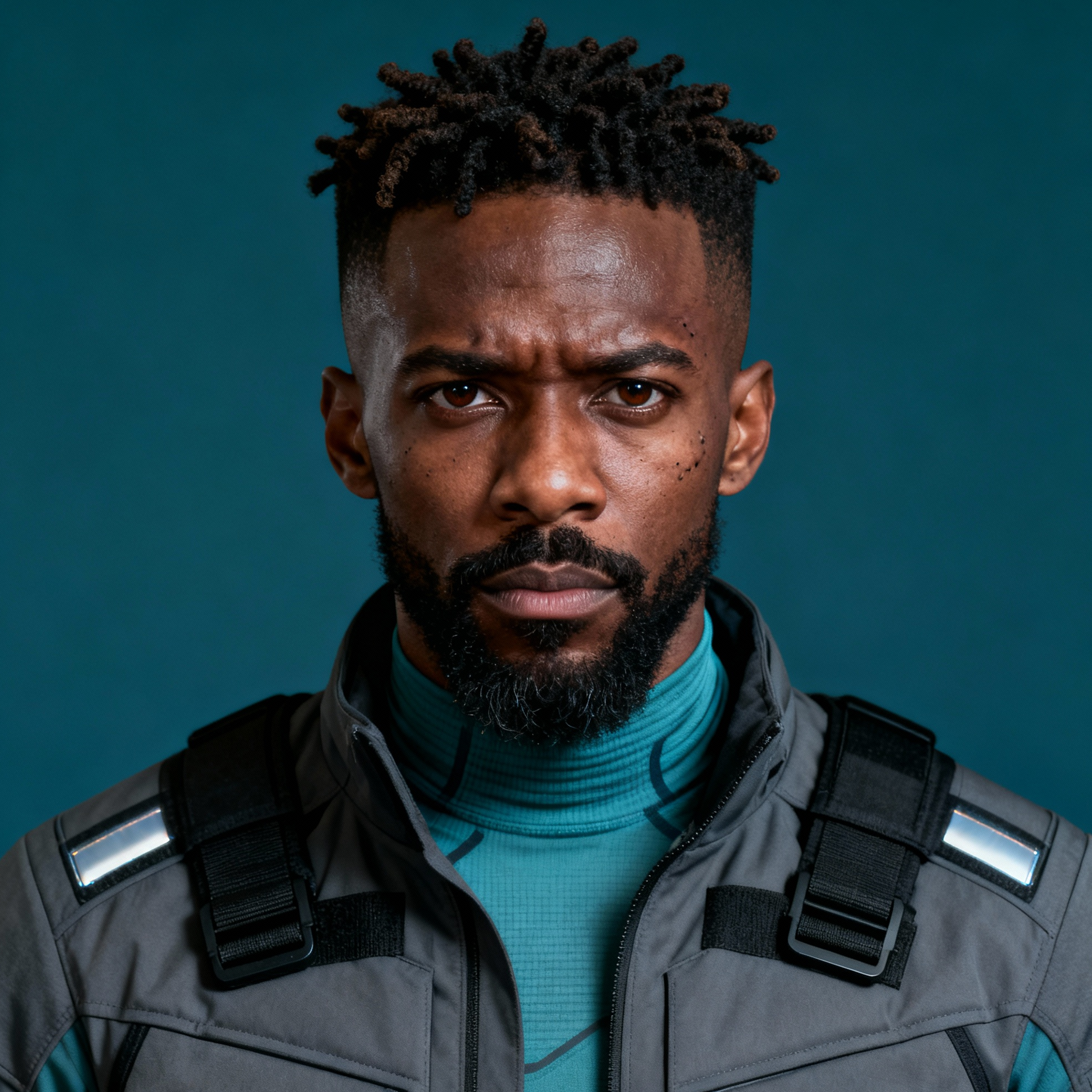 AI-generated portrait of a young man with short textured hair and a trimmed beard, wearing a tactical vest and high-collar top, posed with a stern expression against a teal-toned background in high-contrast lighting.