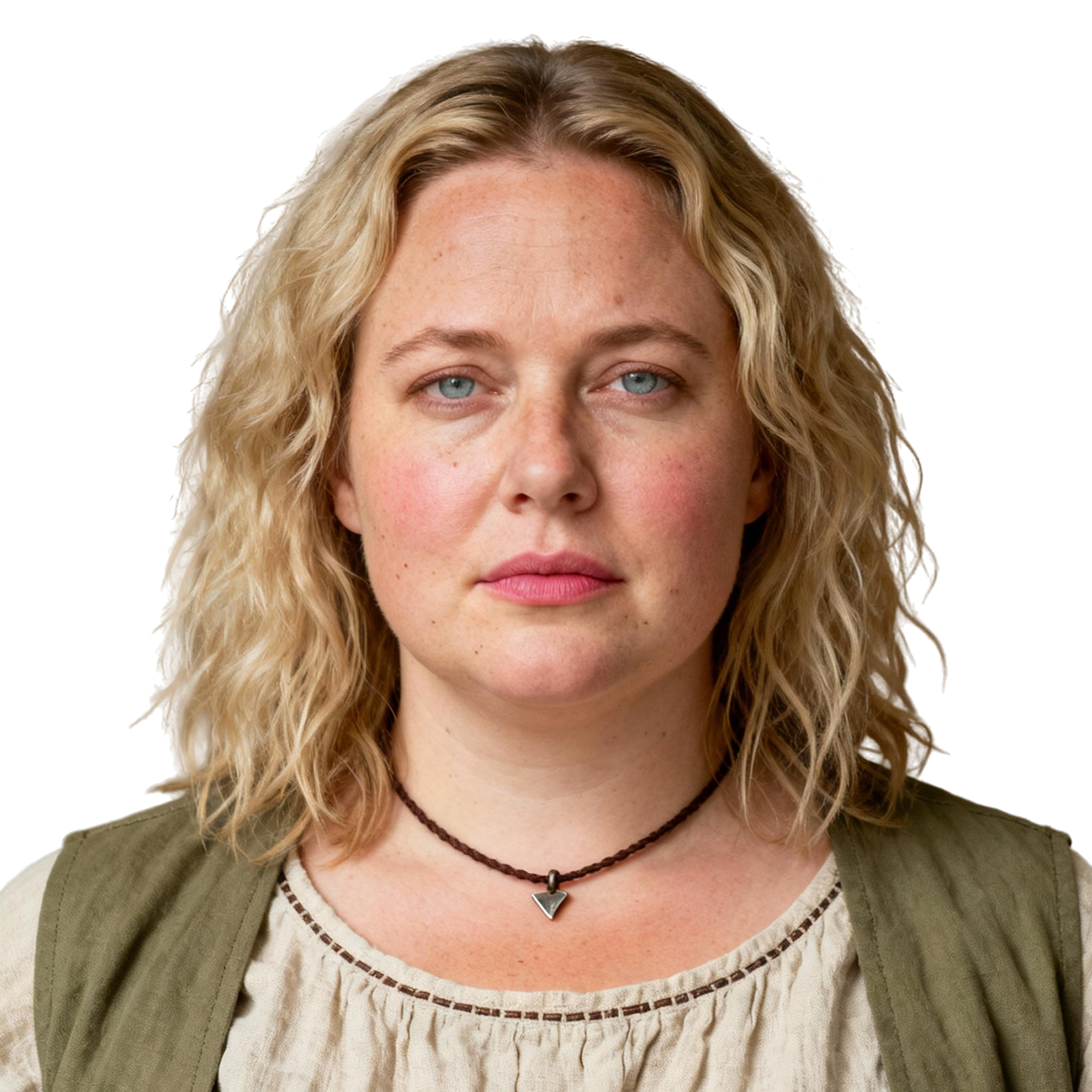 AI-generated portrait of a middle-aged woman with wavy shoulder-length hair and light freckles, wearing layered utilitarian clothing, posed with a neutral serious expression against a transparent background in soft directional lighting.