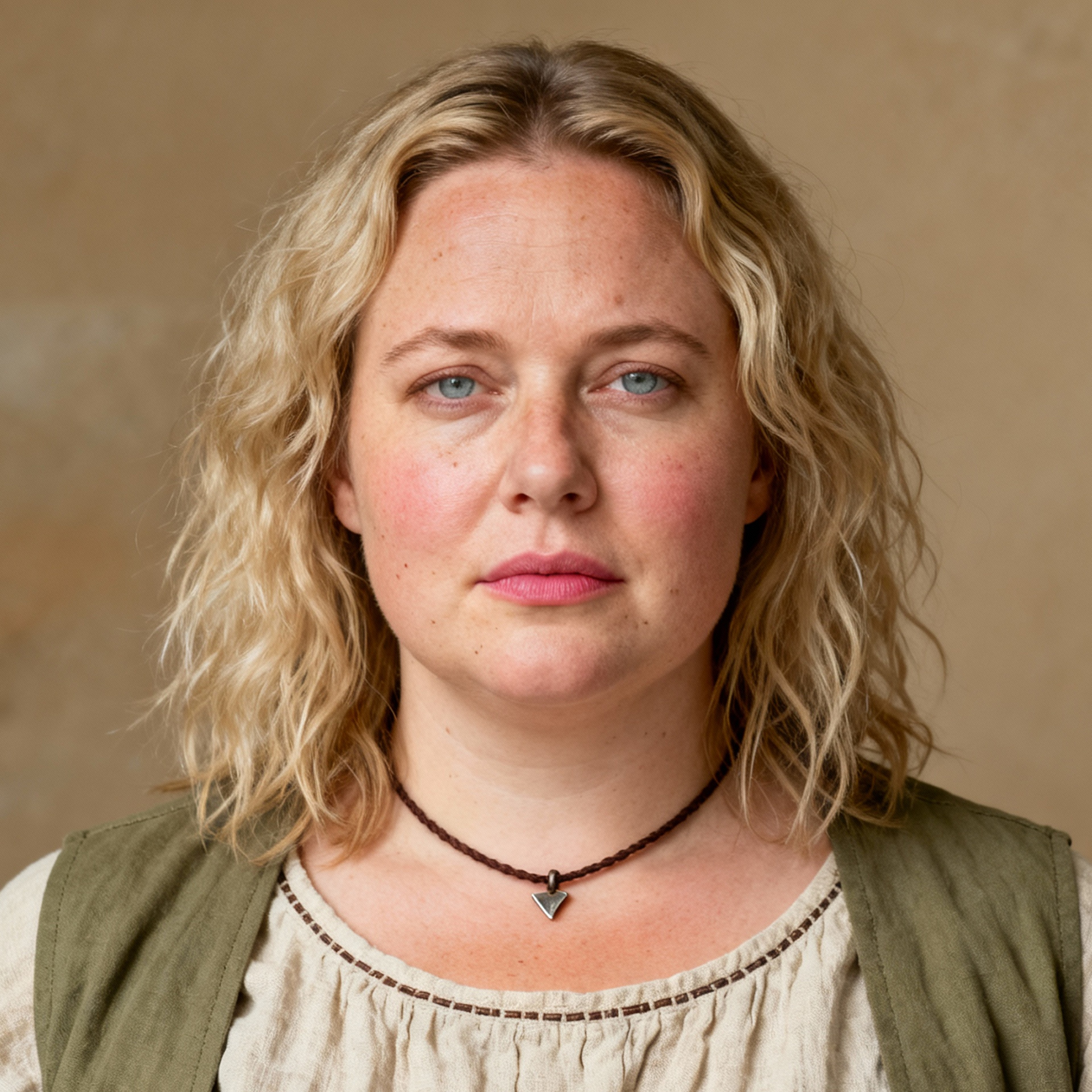 AI-generated portrait of a middle-aged woman with wavy shoulder-length hair and light freckles, wearing layered utilitarian clothing, posed with a neutral serious expression against a warm beige background in soft directional lighting.