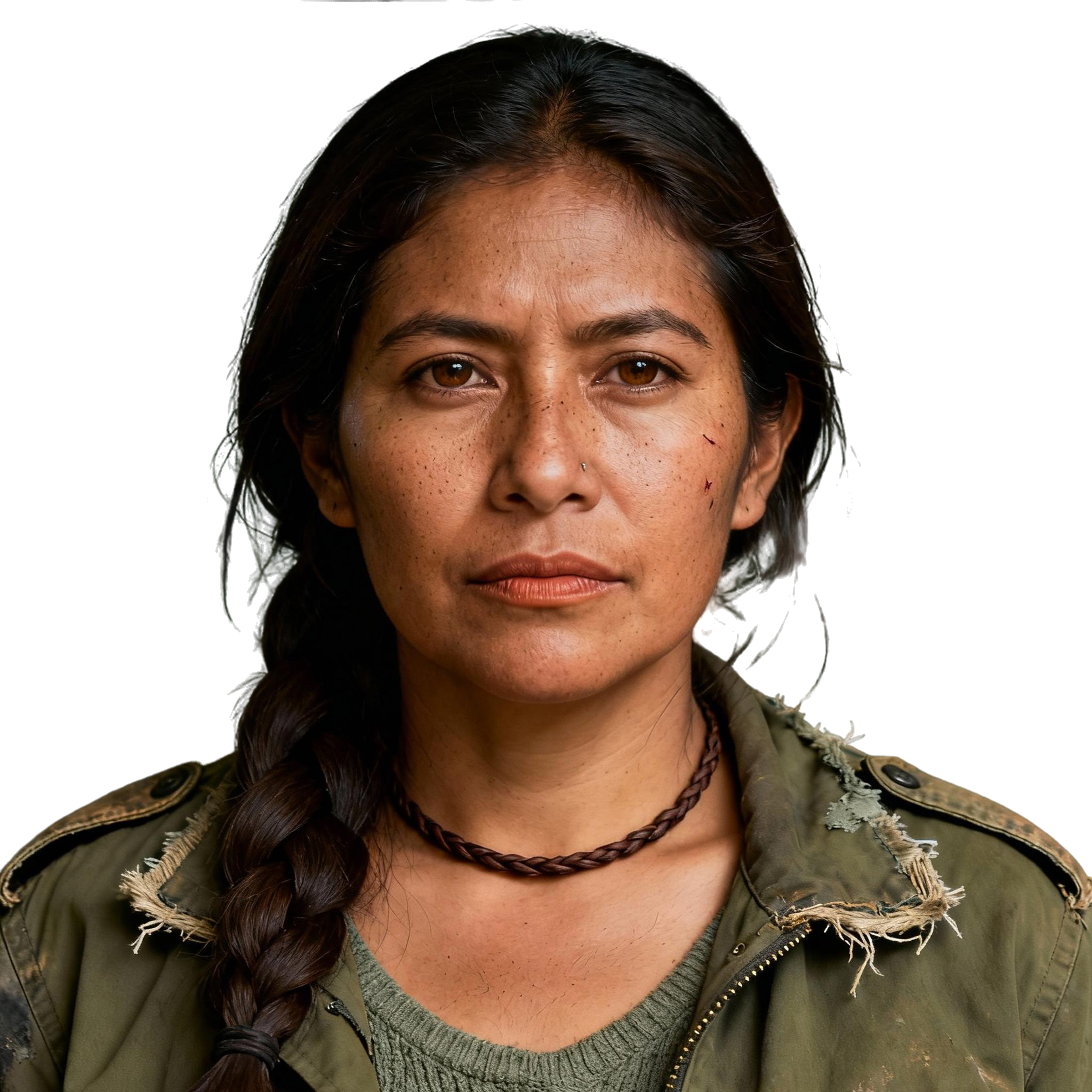 AI-generated portrait of a middle-aged woman with a long side braid and textured skin, wearing a distressed utility jacket, posed with a guarded expression against a transparent background in high-contrast lighting.