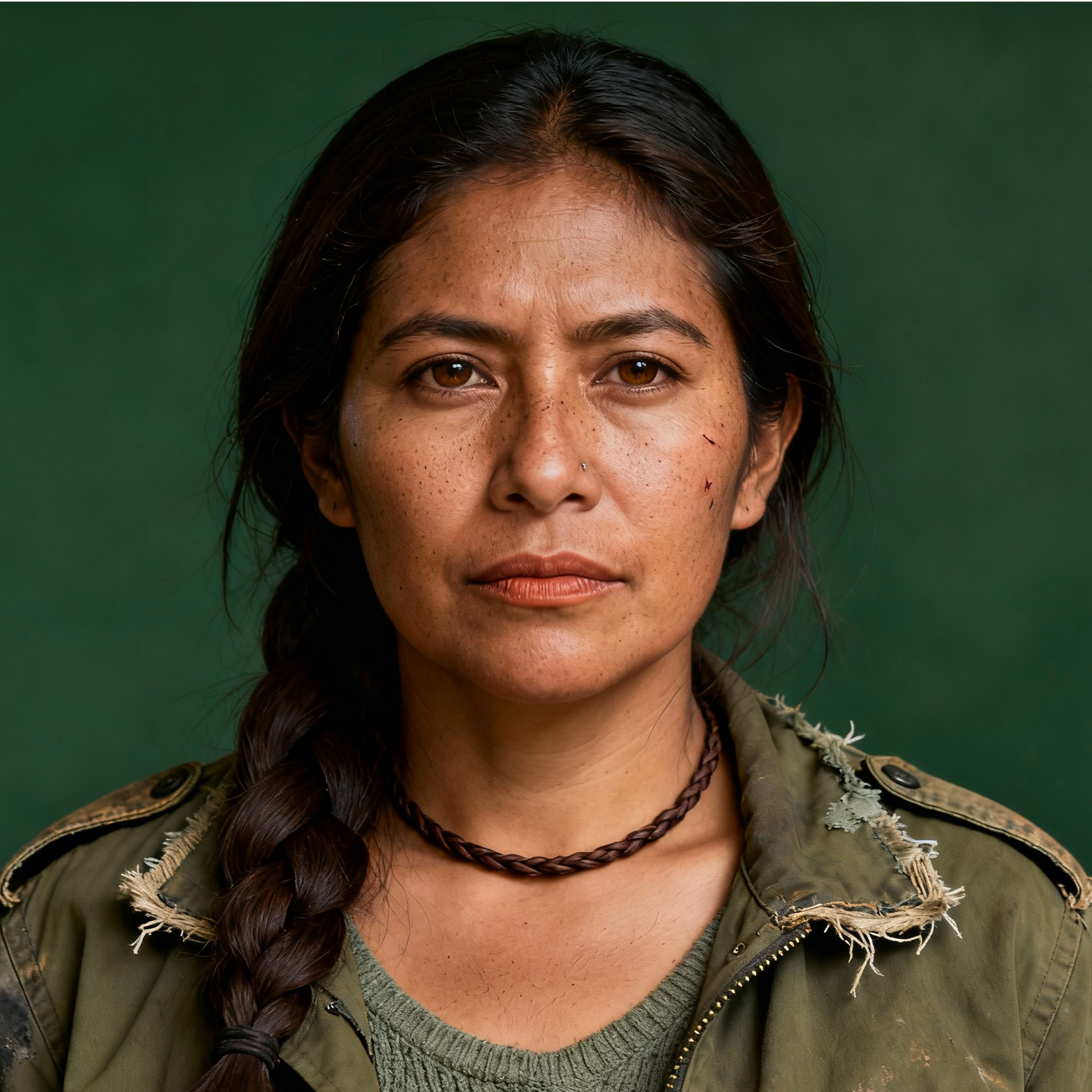 AI-generated portrait of a middle-aged woman with a long side braid and textured skin, wearing a distressed utility jacket, posed with a guarded expression against a deep green background in high-contrast lighting.