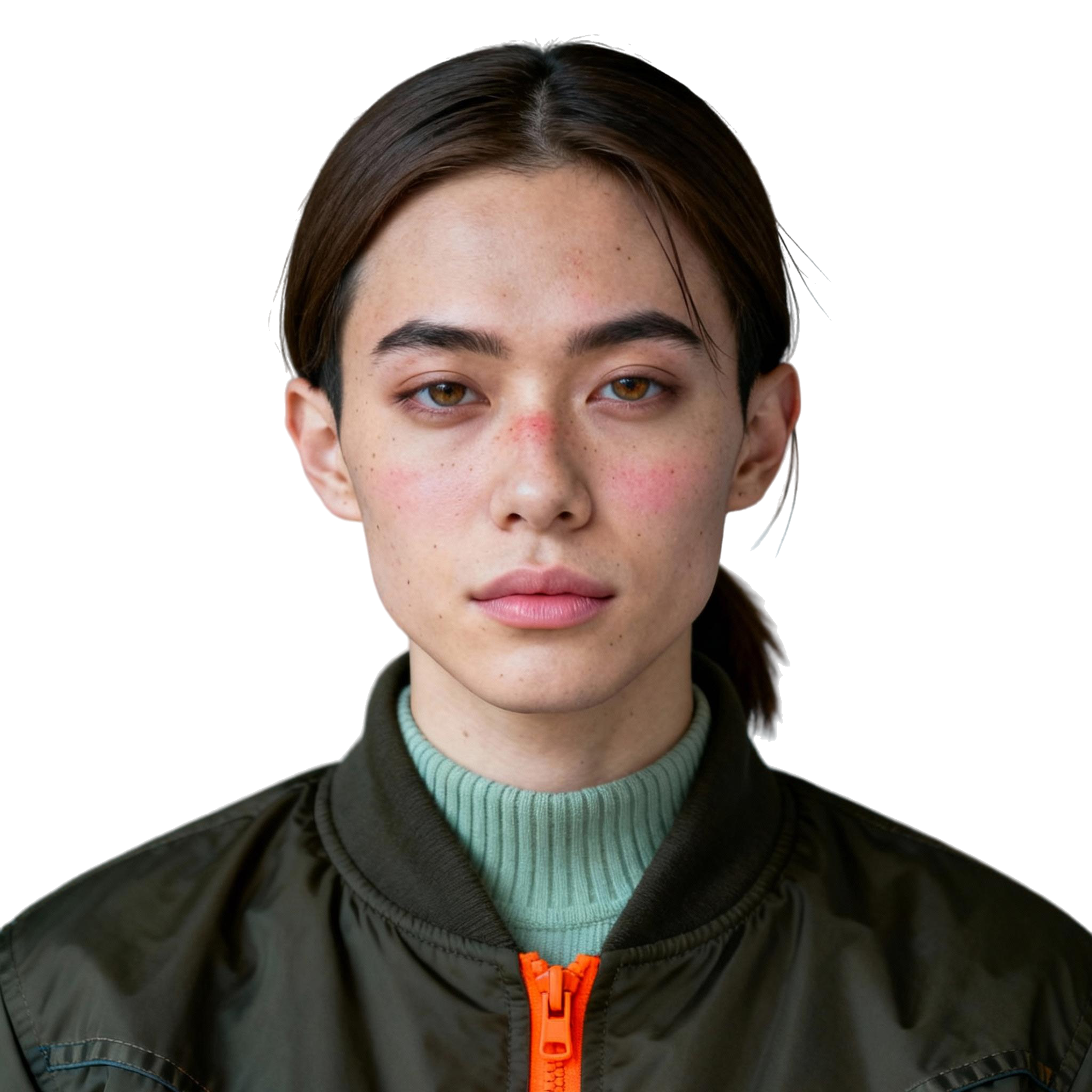 AI-generated portrait of a young woman with dark hair pulled back and defined brows, wearing a high-collar jacket over a ribbed top, posed with a serious expression against a transparent background in cool diffused lighting.