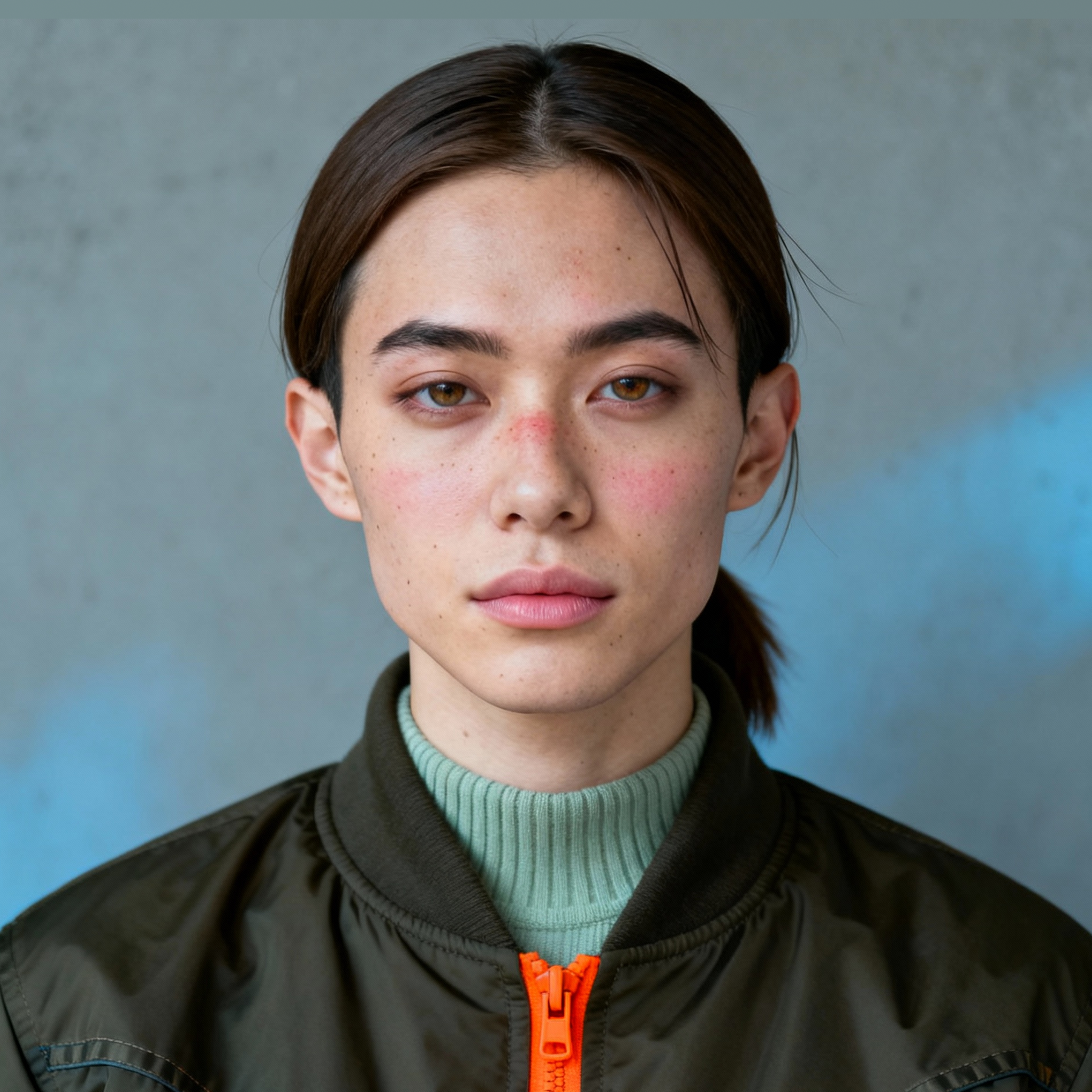 AI-generated portrait of a young woman with dark hair pulled back and defined brows, wearing a high-collar jacket over a ribbed top, posed with a serious expression against a gray-blue background in cool diffused lighting.
