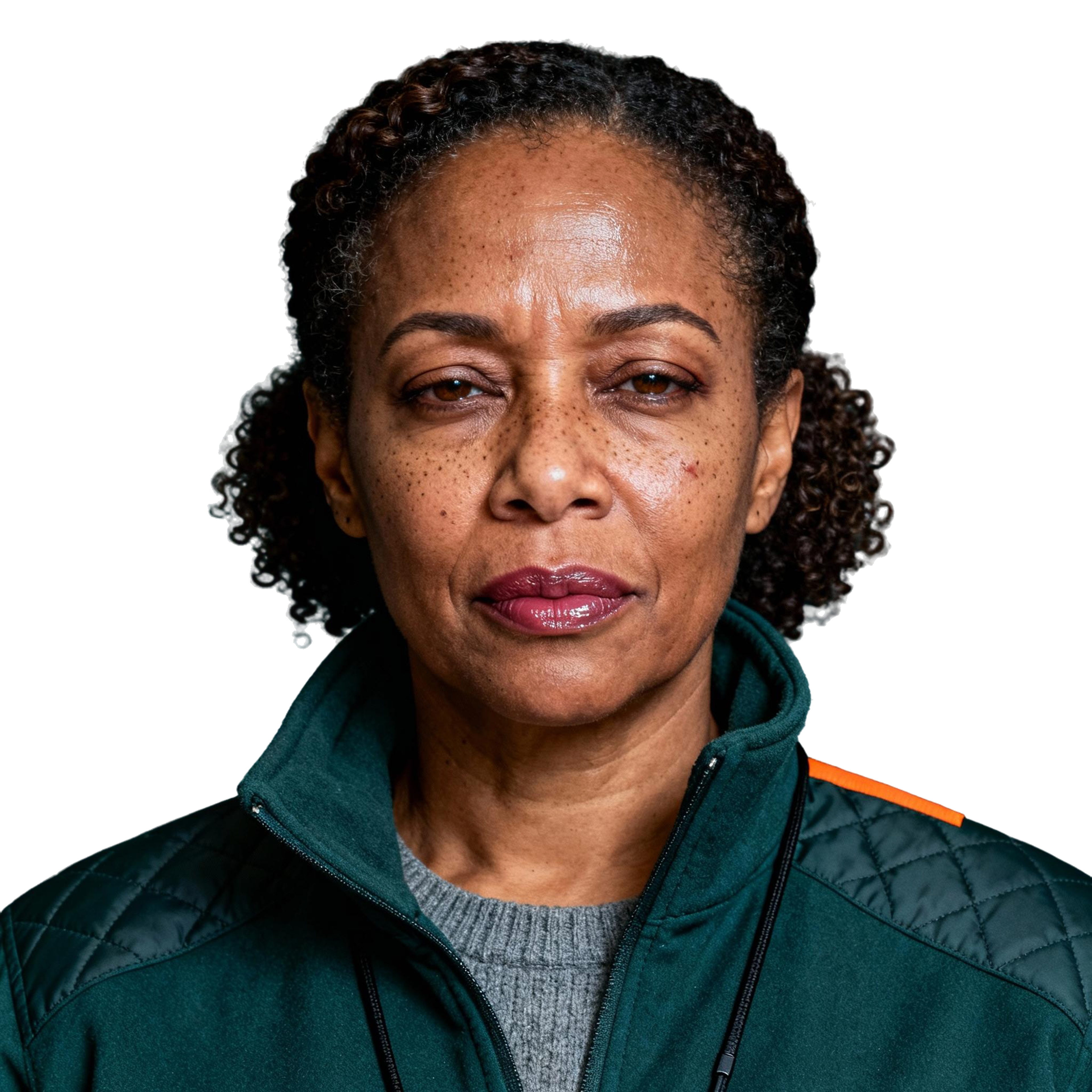 AI-generated portrait of a middle-aged woman with tightly curled hair and faint freckles, wearing a quilted utility jacket, posed with a serious expression against a transparent background in high-contrast lighting.