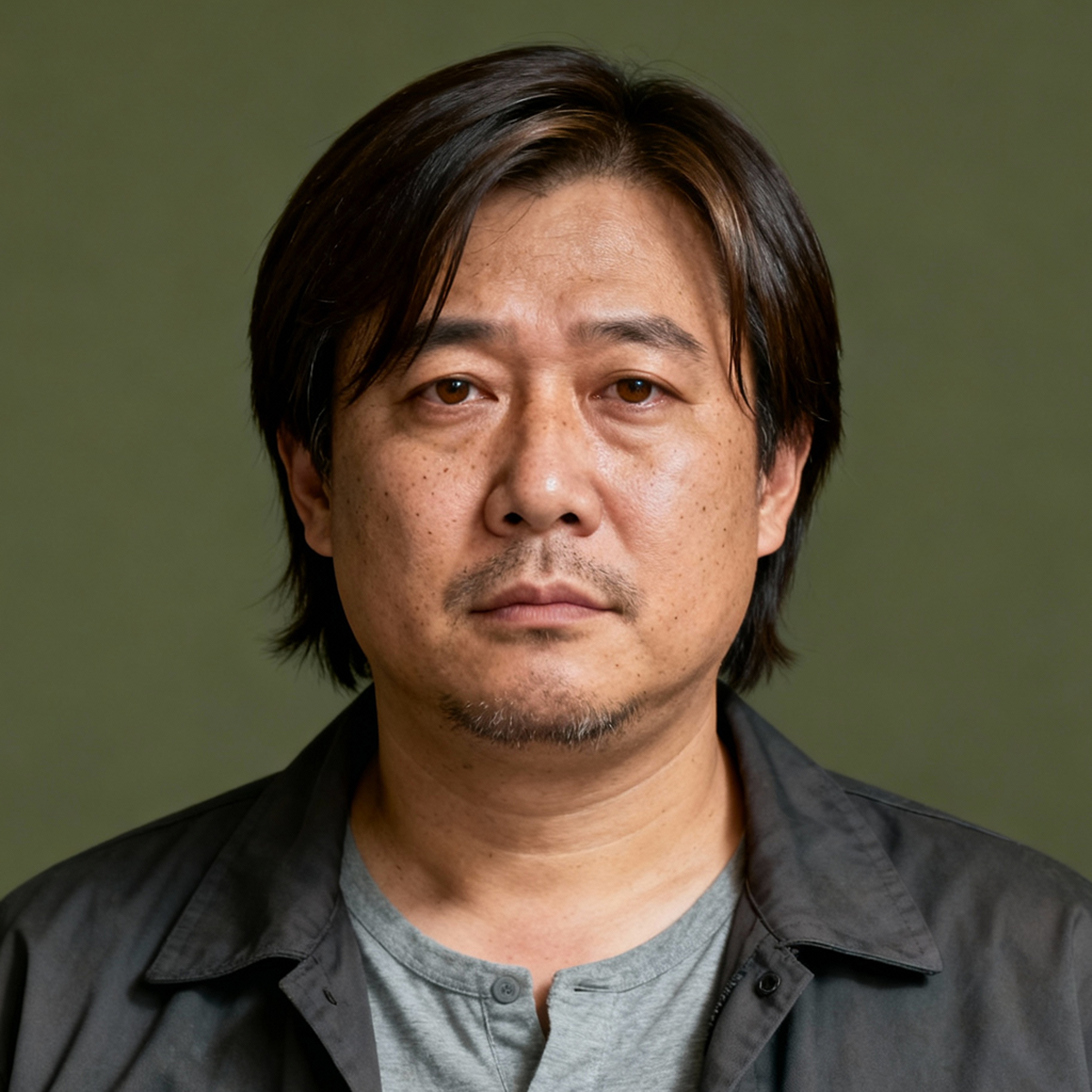 AI-generated portrait of a middle-aged man with medium-length hair and light stubble, wearing a worn jacket over a simple shirt, posed with a neutral guarded expression against an olive background in soft directional lighting.