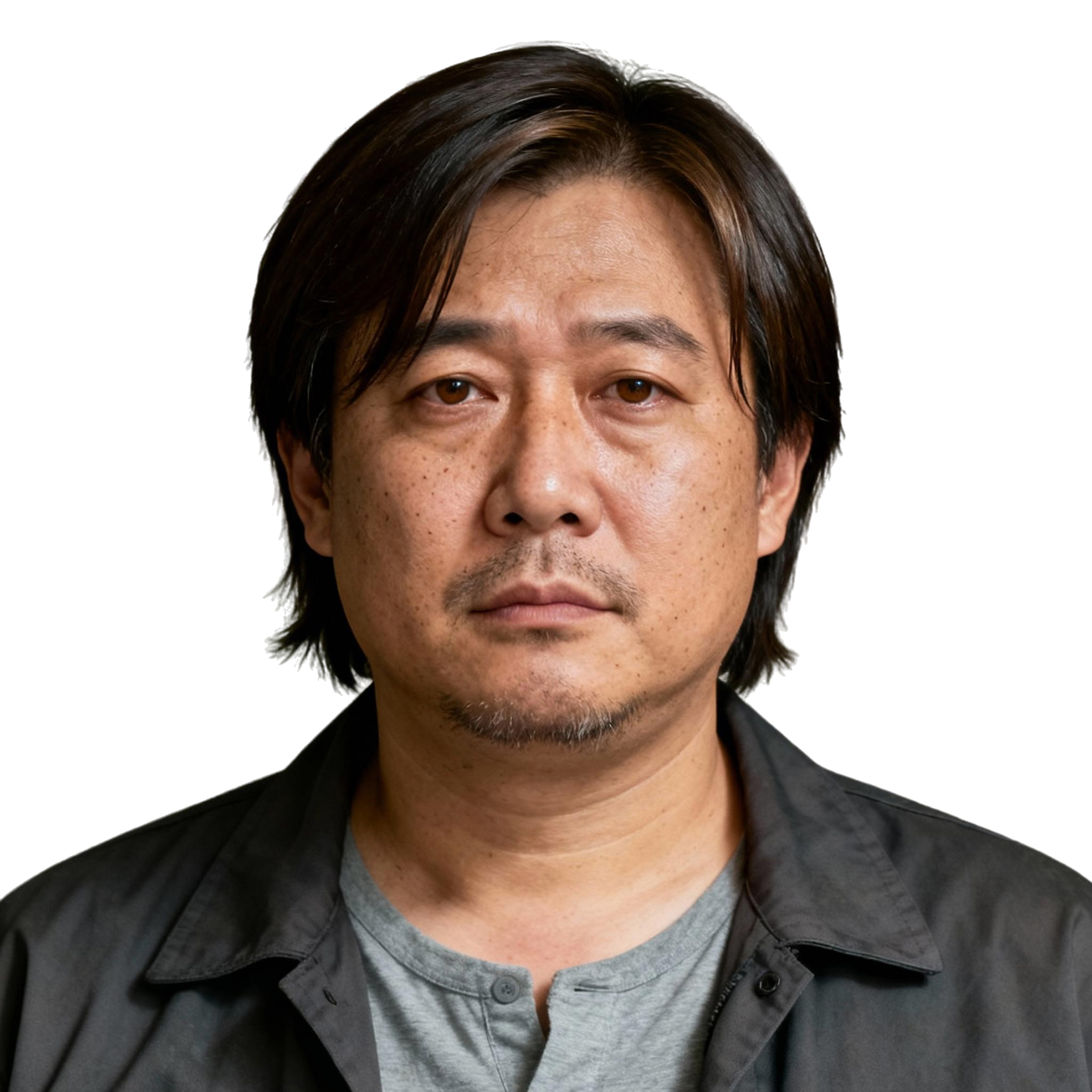 AI-generated portrait of a middle-aged man with medium-length hair and light stubble, wearing a worn jacket over a simple shirt, posed with a neutral guarded expression against a transparent background in soft directional lighting.