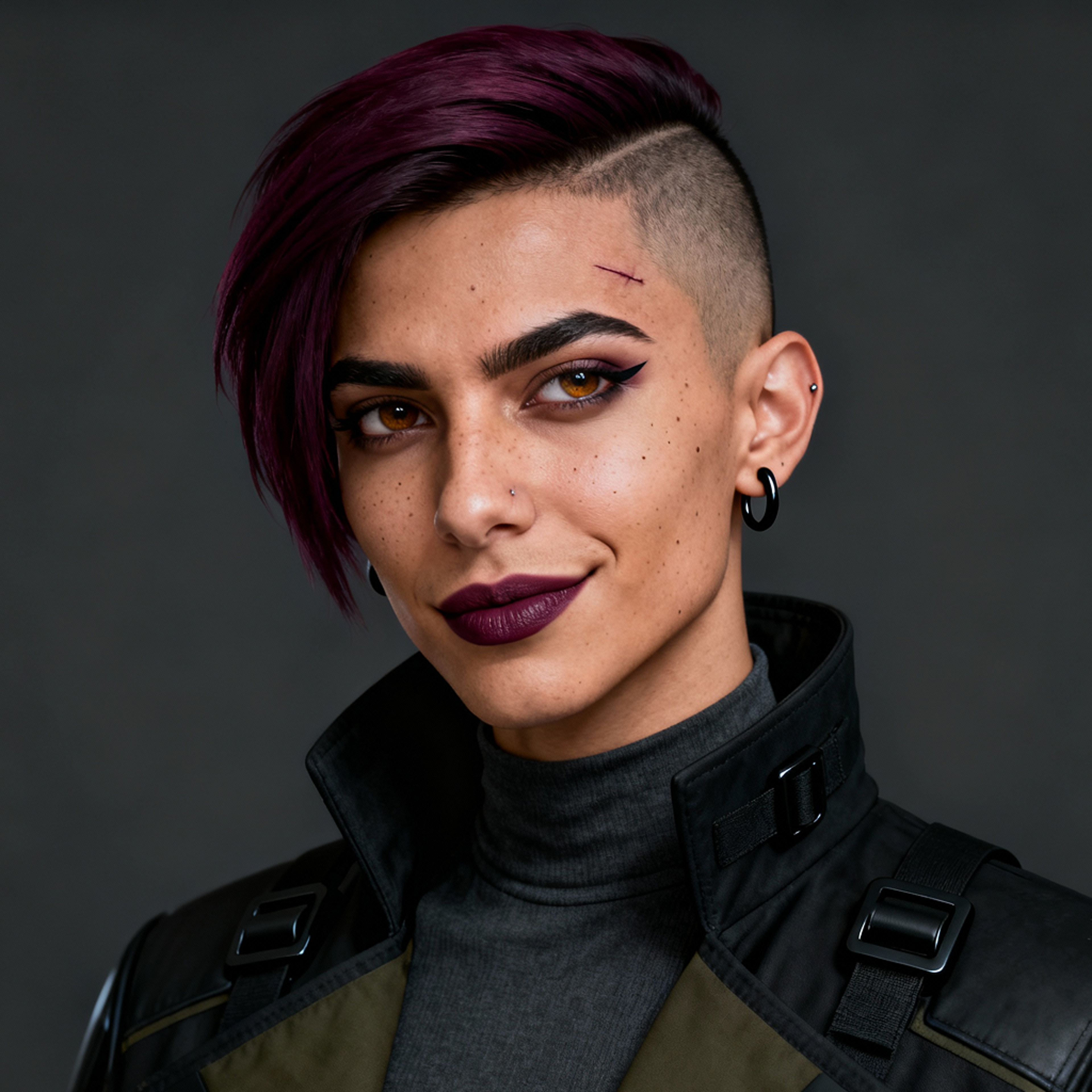 AI-generated portrait of a young woman with a side-shaved undercut and dark lipstick, wearing a structured tactical jacket, posed with a confident guarded expression against a dark gray background in dramatic lighting.