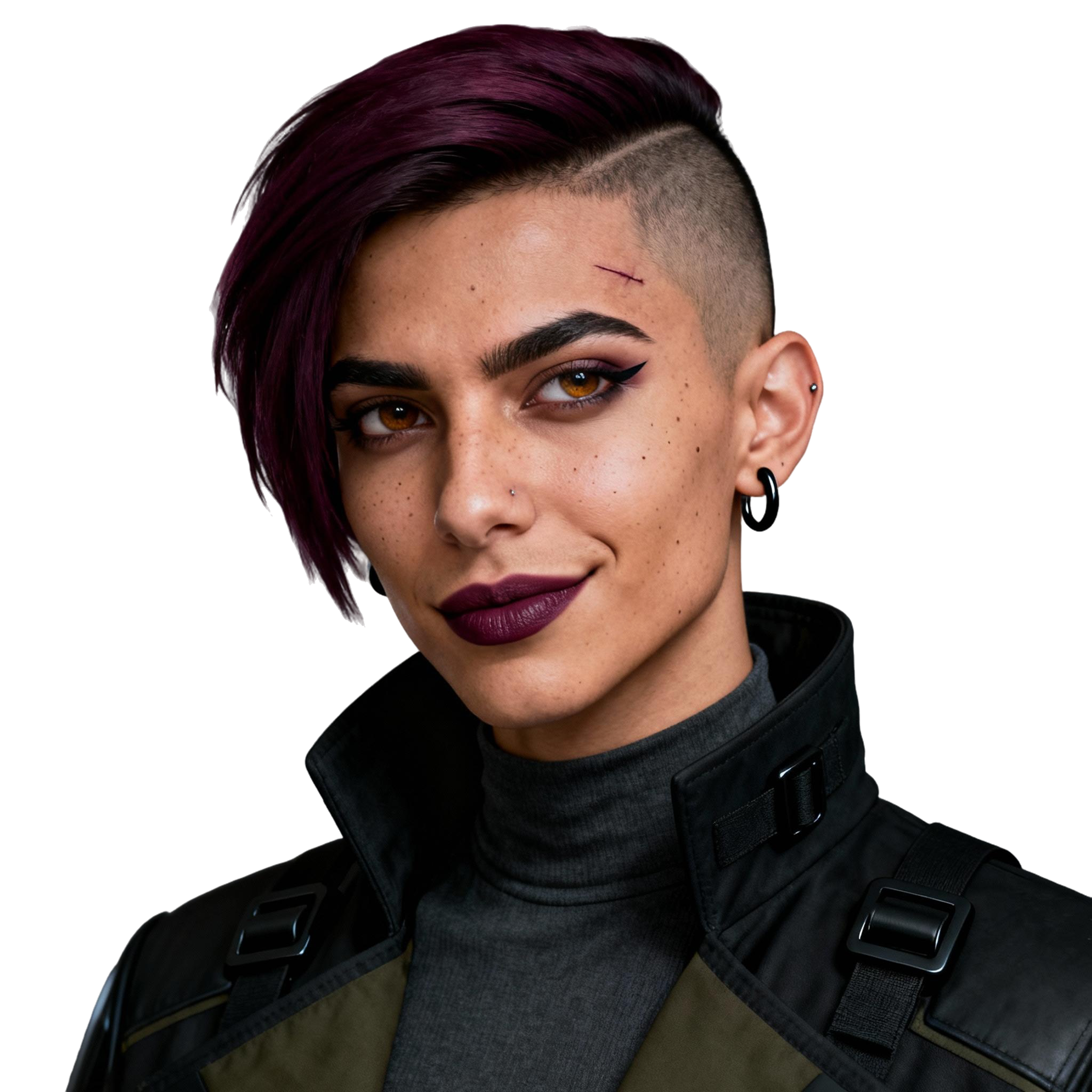 AI-generated portrait of a young woman with a side-shaved undercut and dark lipstick, wearing a structured tactical jacket, posed with a confident guarded expression against a transparent background in dramatic lighting.