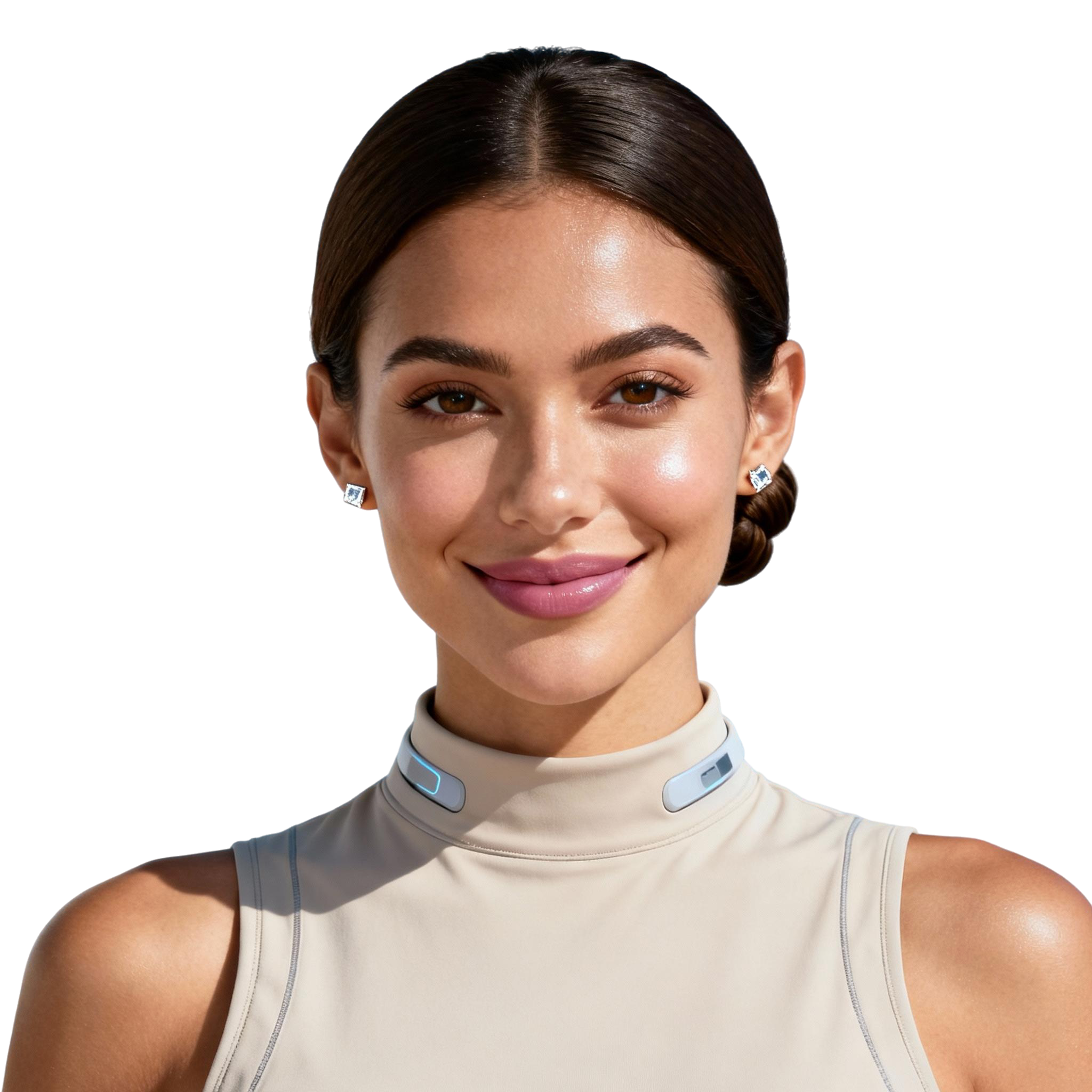 AI-generated portrait of a young woman with neatly pulled-back dark hair, wearing a light beige sleeveless top, posed with a gentle smile against a transparent background in soft natural light.