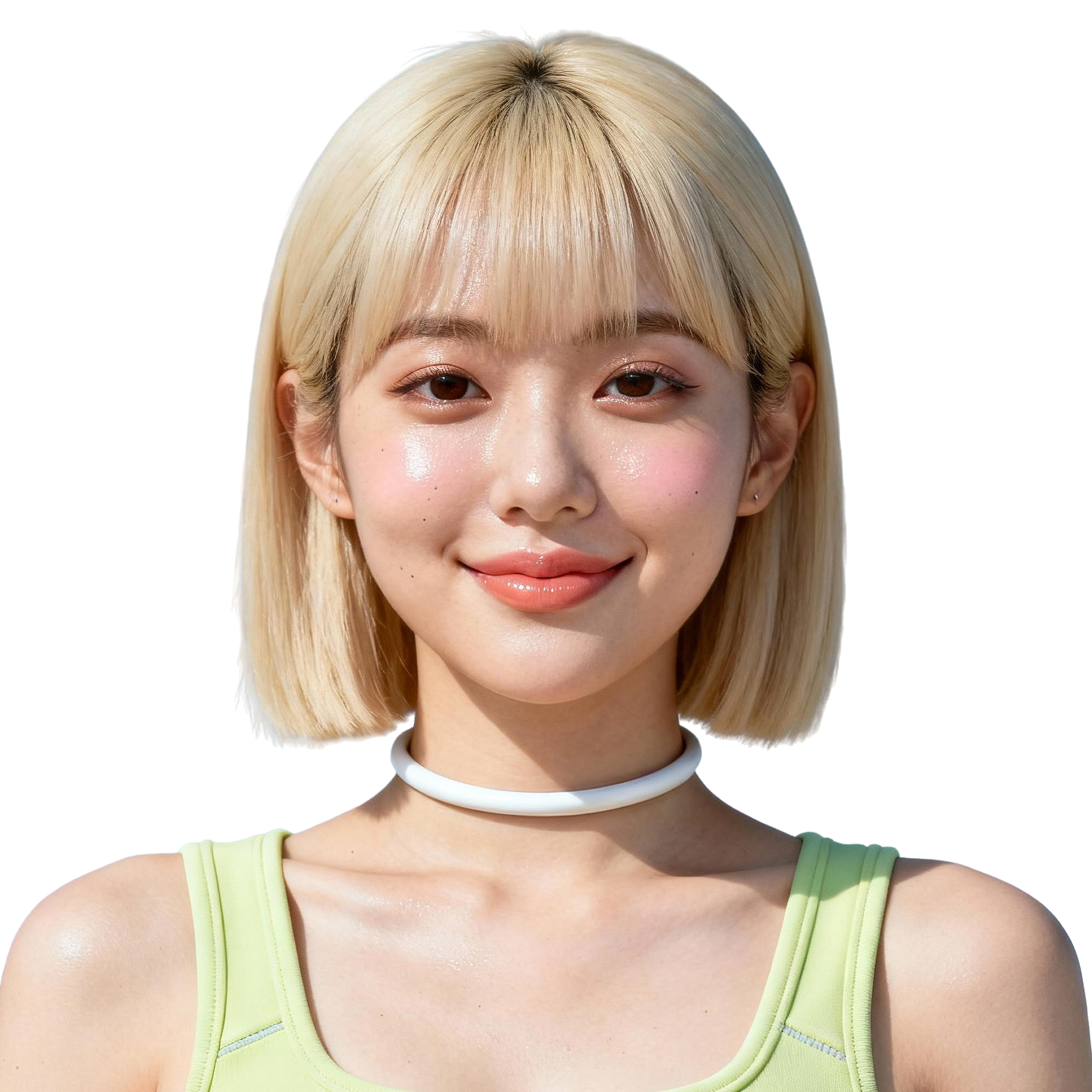 AI-generated portrait of a young woman with a straight blond bob, wearing a light green sleeveless top and choker, posed with a soft smile against a transparent background in soft natural light.