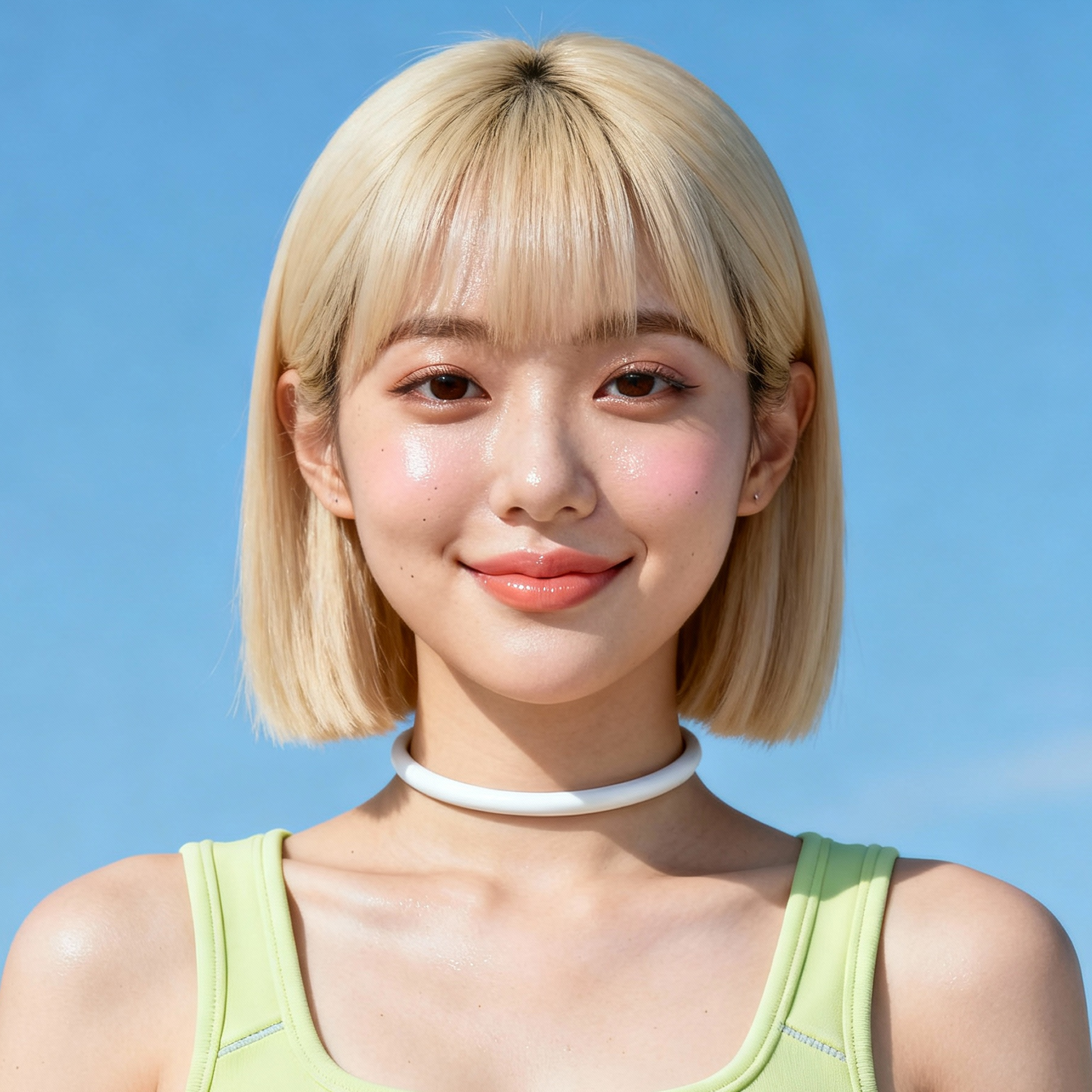 AI-generated portrait of a young woman with a straight blond bob, wearing a light green sleeveless top and choker, posed with a soft smile against a blue sky background in soft natural light.
