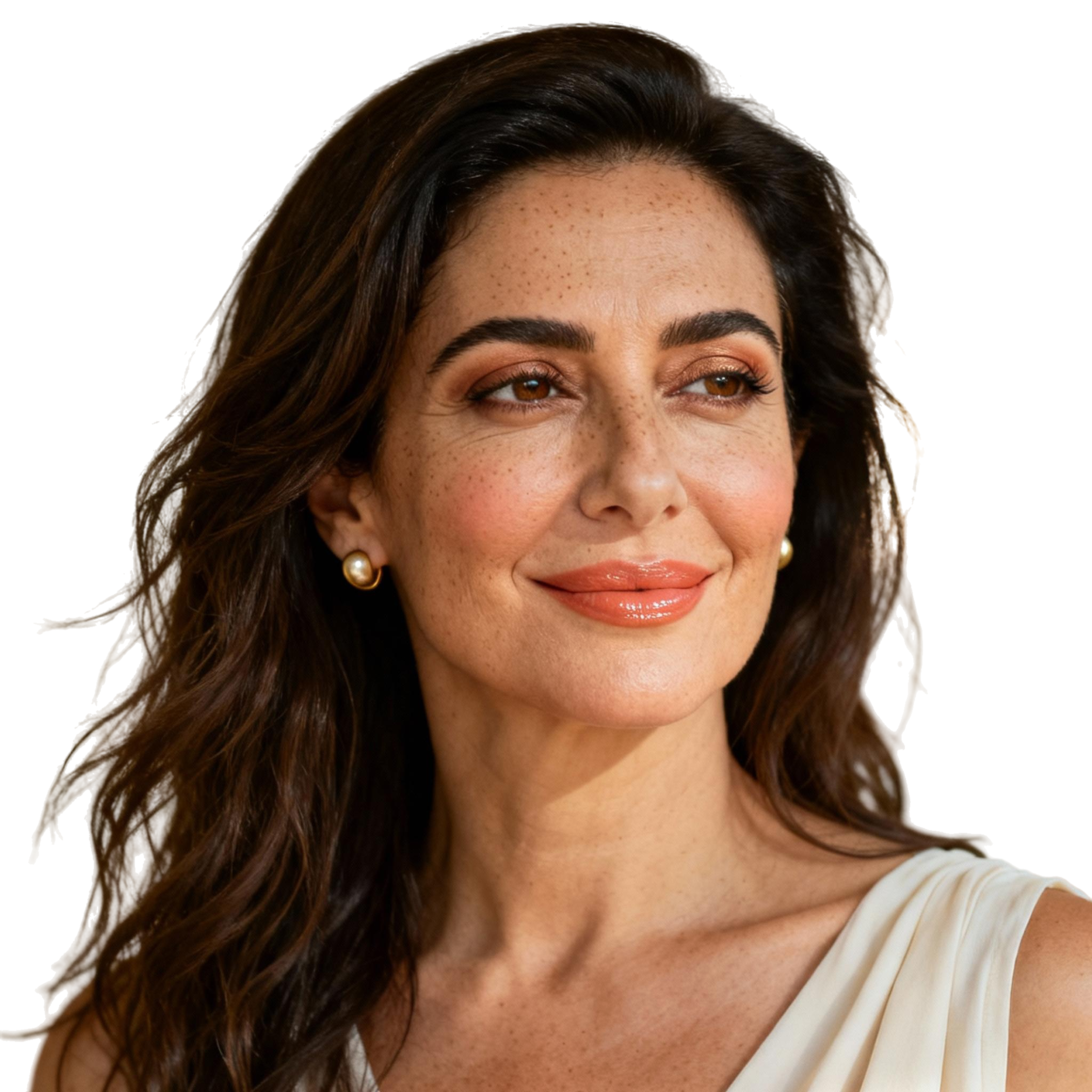 AI-generated portrait of a young woman with long wavy dark hair and freckles, wearing a white sleeveless top, posed with a relaxed expression against a transparent background in soft natural light.