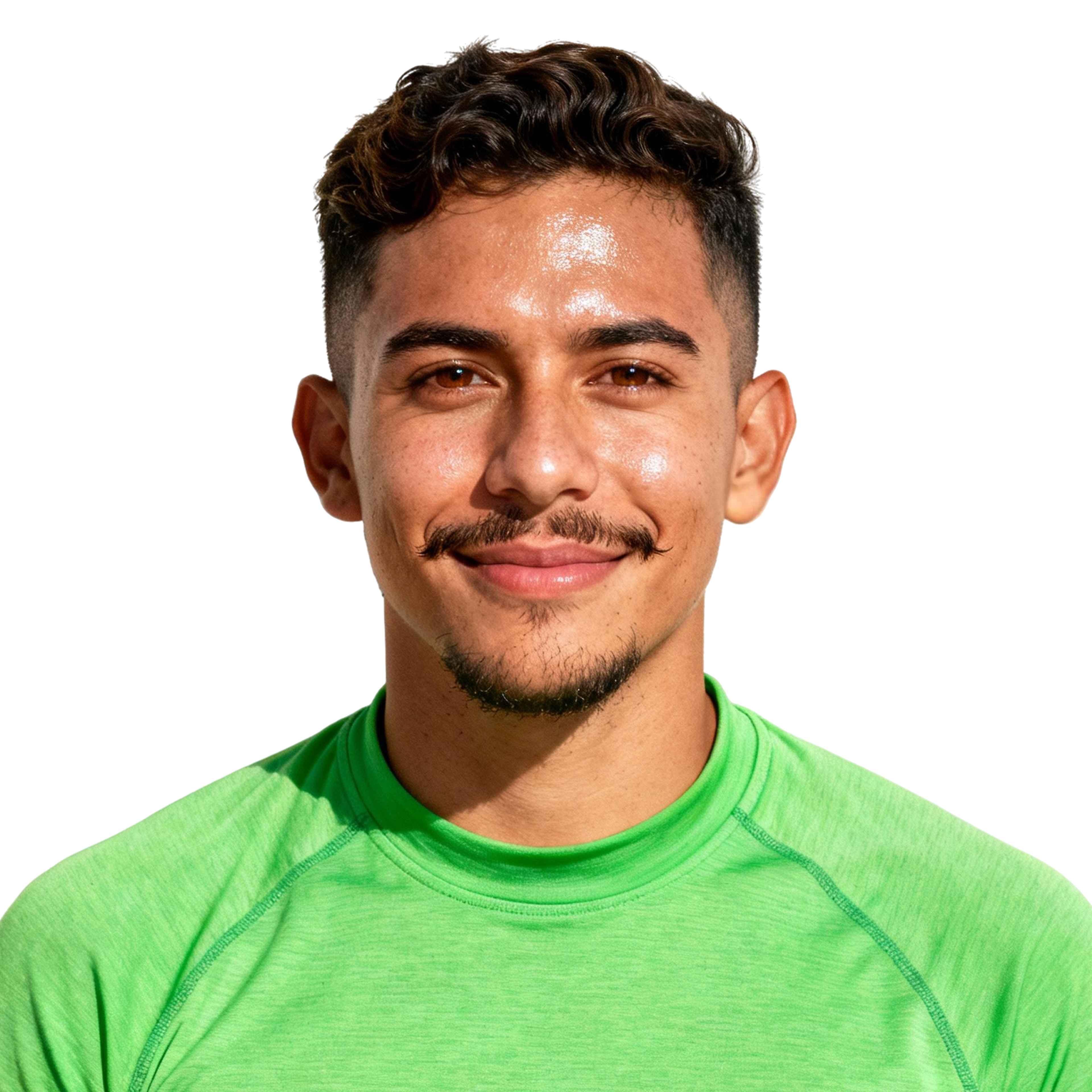 AI-generated portrait of a young man with short curly hair and a mustache, wearing a bright green athletic top, posed with a gentle smile against a transparent background in soft natural light.