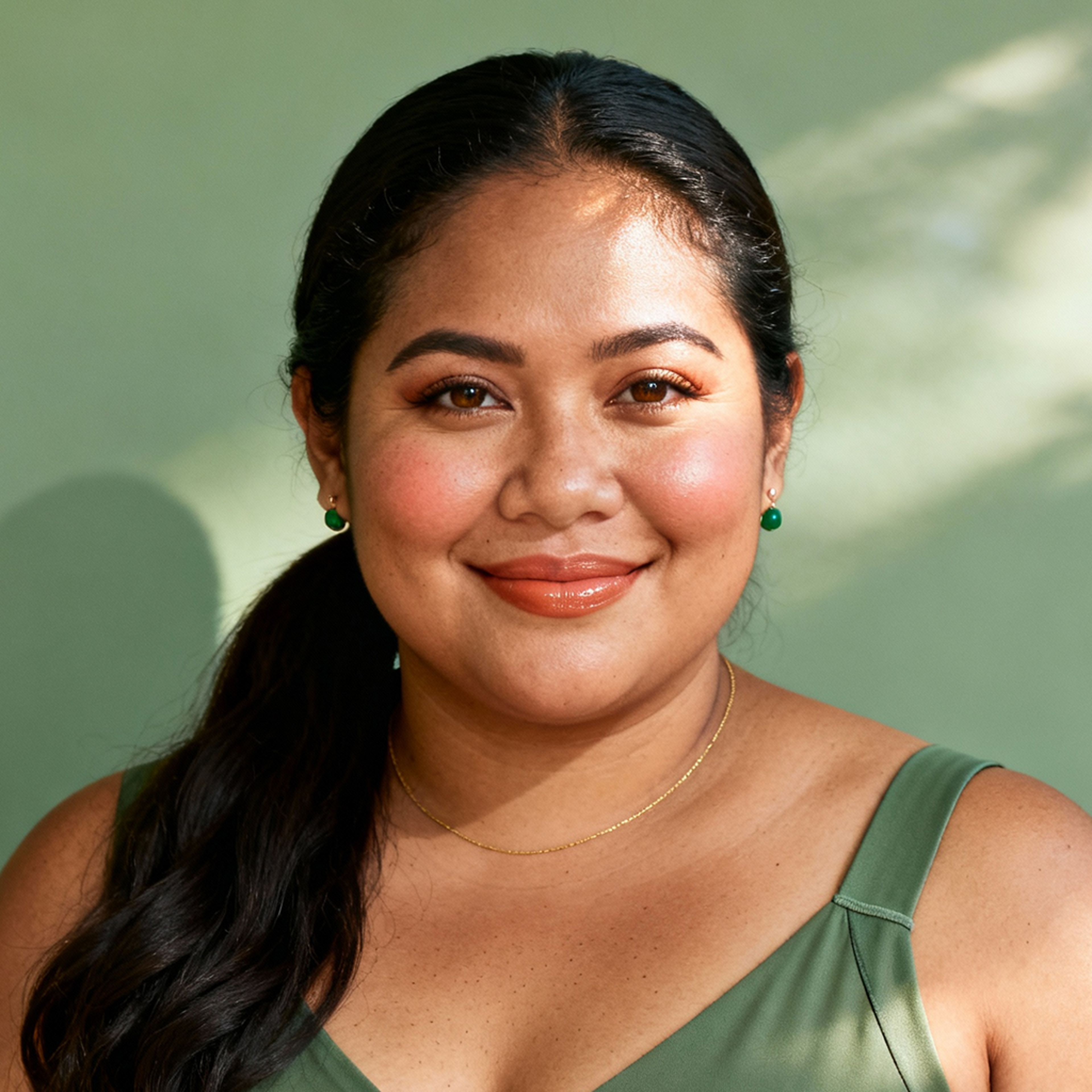 AI-generated portrait of a young woman with straight blond hair tied back, wearing a light blue sleeveless top, posed with a soft smile against a bright neutral background in soft natural light.