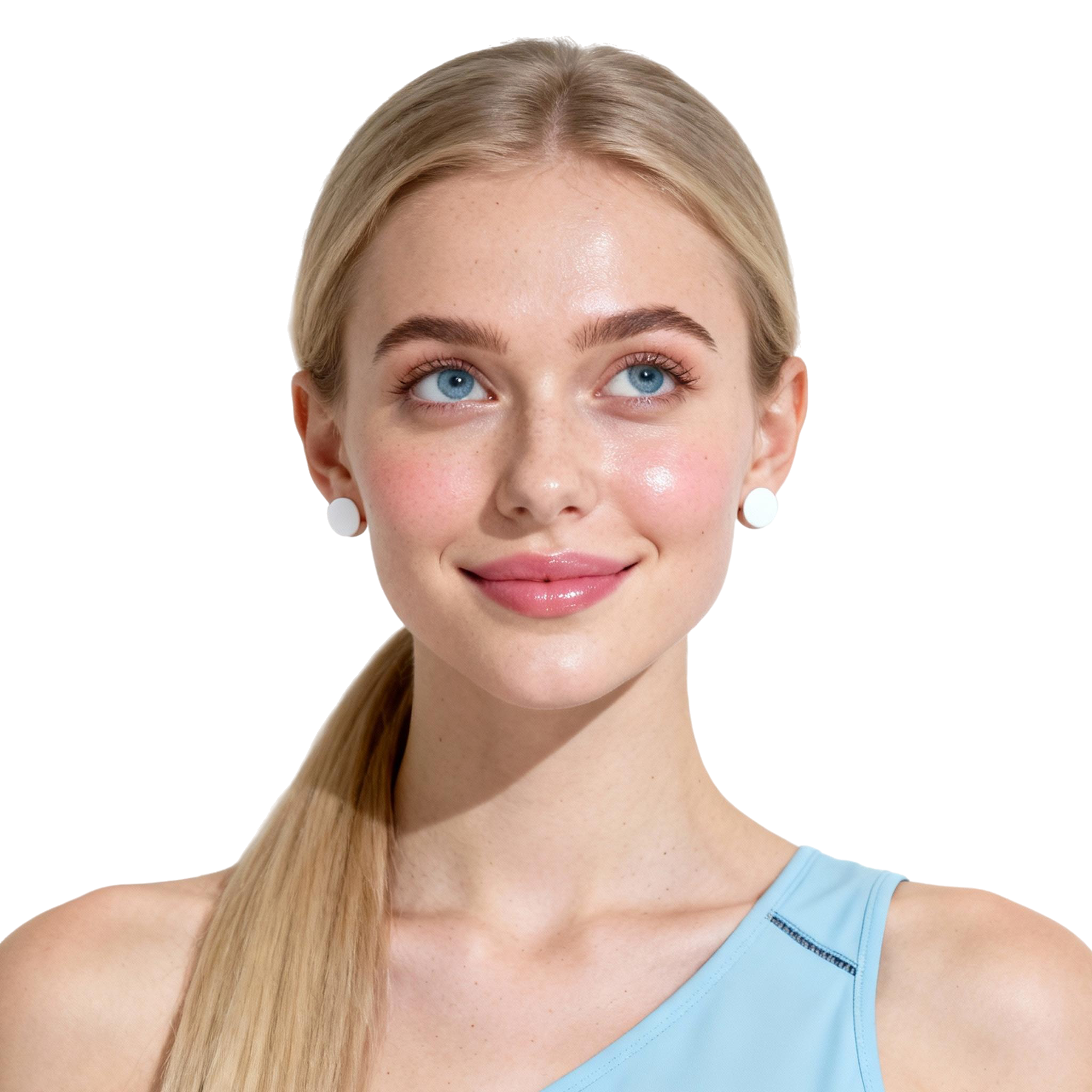 AI-generated portrait of a young woman with straight blond hair tied back, wearing a light blue sleeveless top, posed with a soft smile against a transparent background in soft natural light.