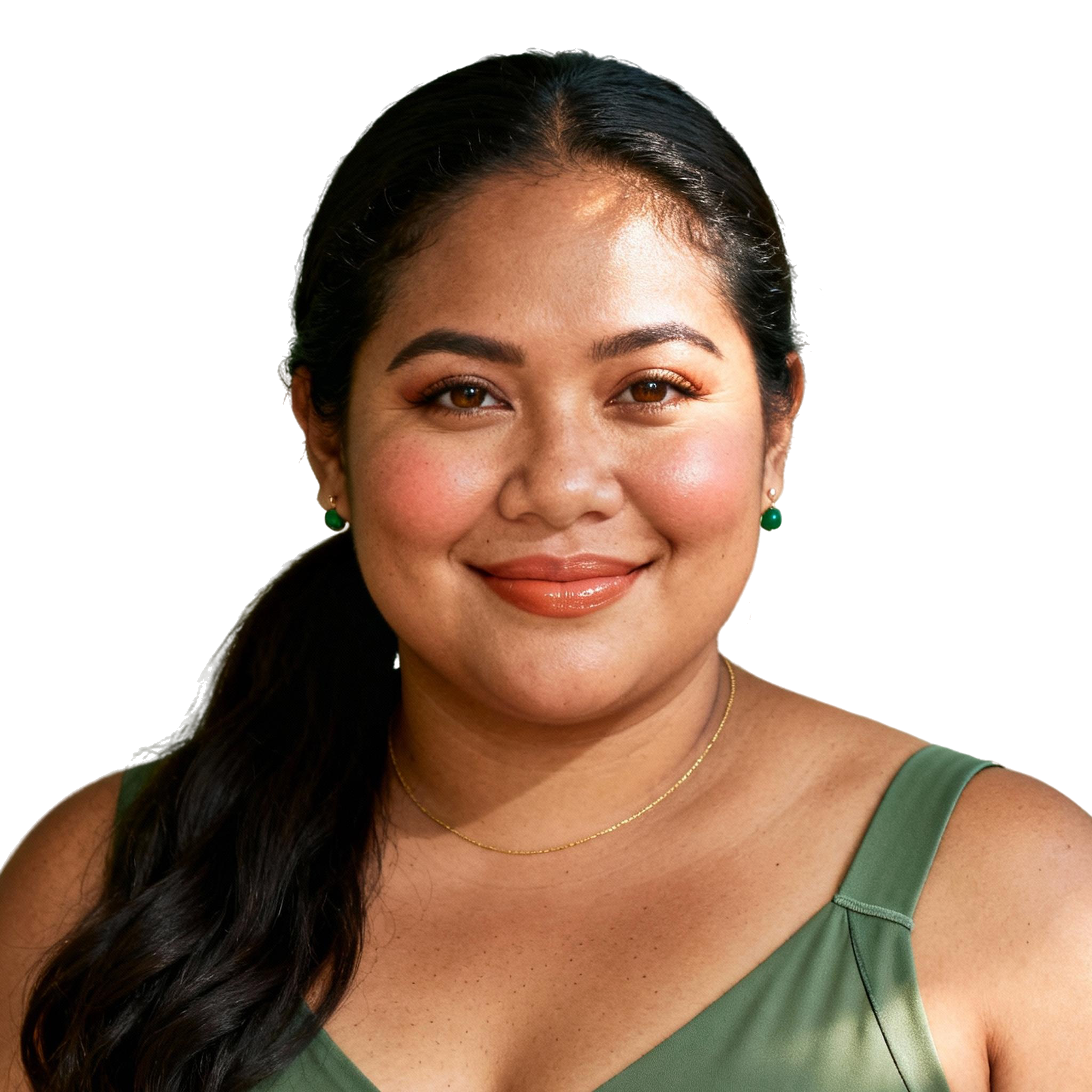 AI-generated portrait of a young woman with long dark hair pulled back and freckles, wearing a green sleeveless top, posed with a gentle smile against a transparent background in natural light.