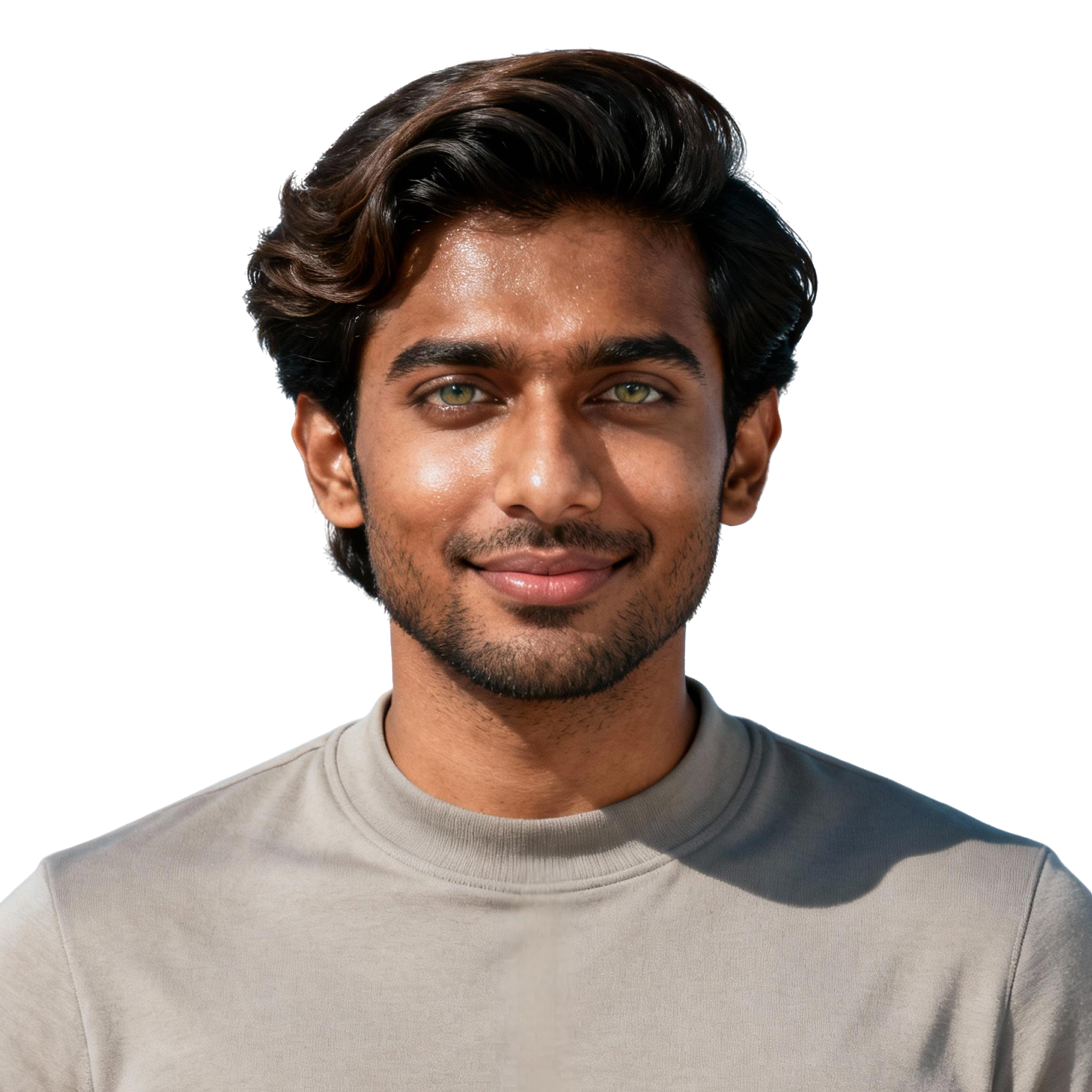 AI-generated portrait of a young man with wavy dark hair and light stubble, wearing a beige minimalist top, posed with a relaxed smile against a transparent background in natural light.