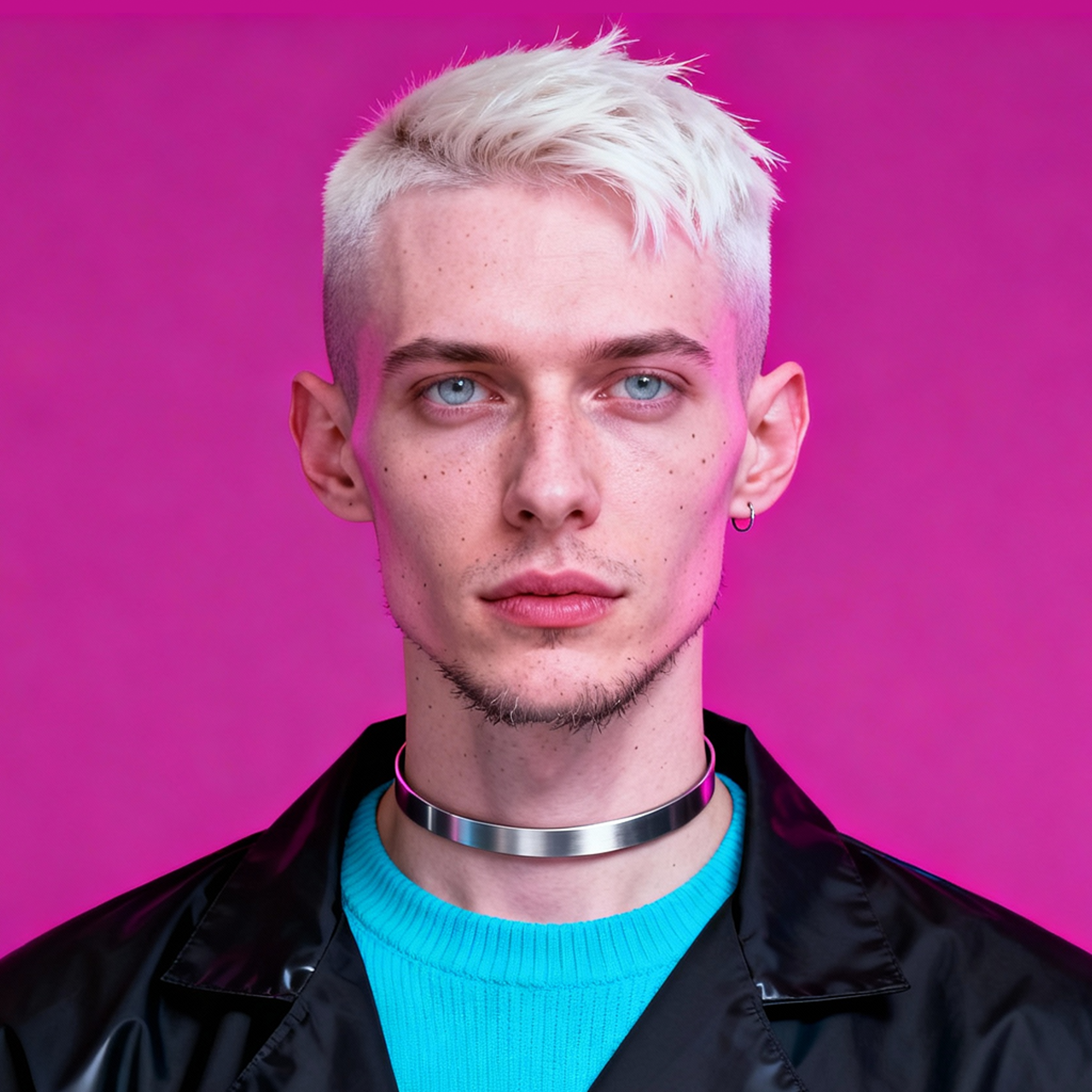 AI-generated portrait of a young man with cropped platinum hair and freckles, wearing a dark jacket and metallic choker, posed with a neutral expression against a hot pink background in harsh lighting.