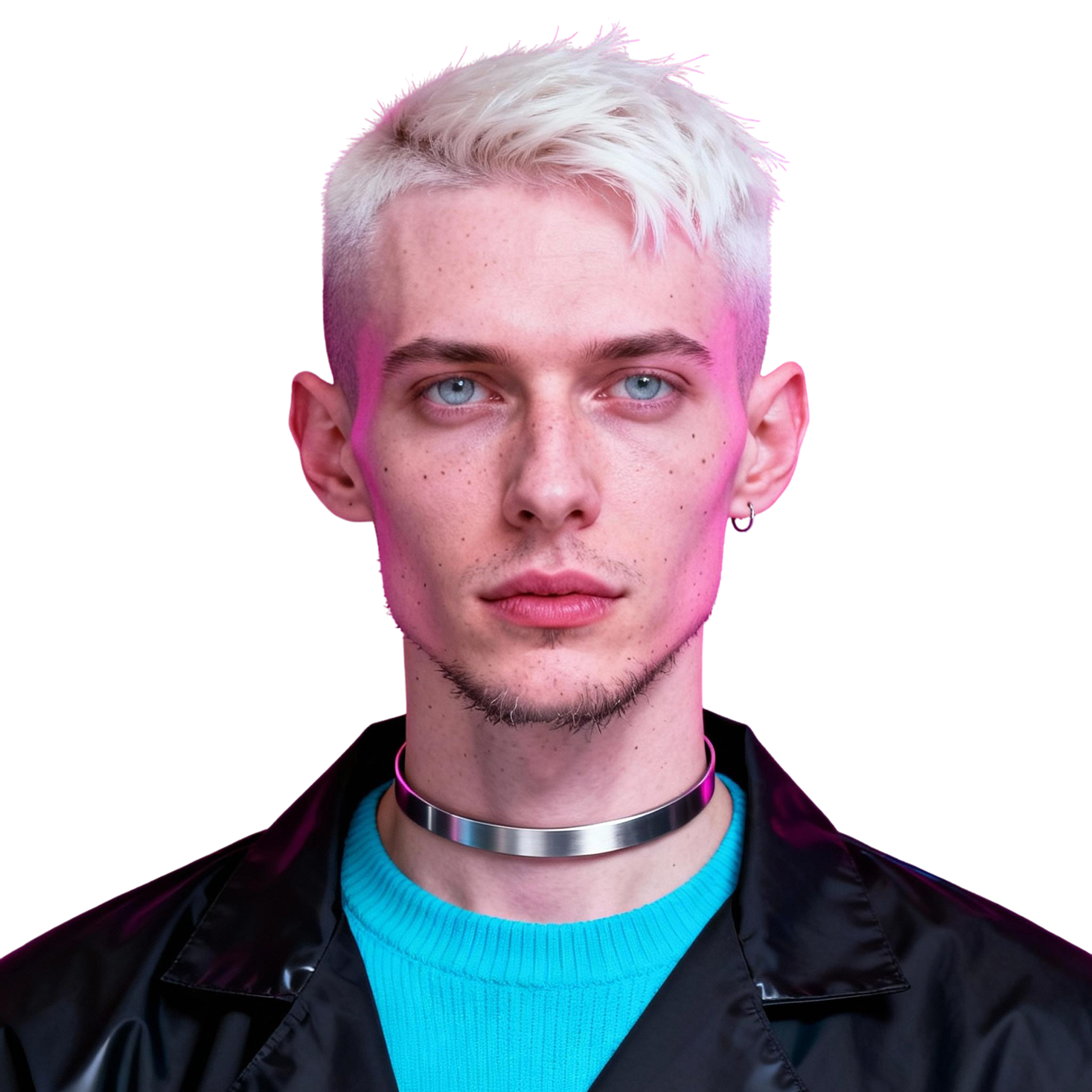 AI-generated portrait of a young man with cropped platinum hair and freckles, wearing a dark jacket and metallic choker, posed with a neutral expression against a transparent background in harsh lighting.
