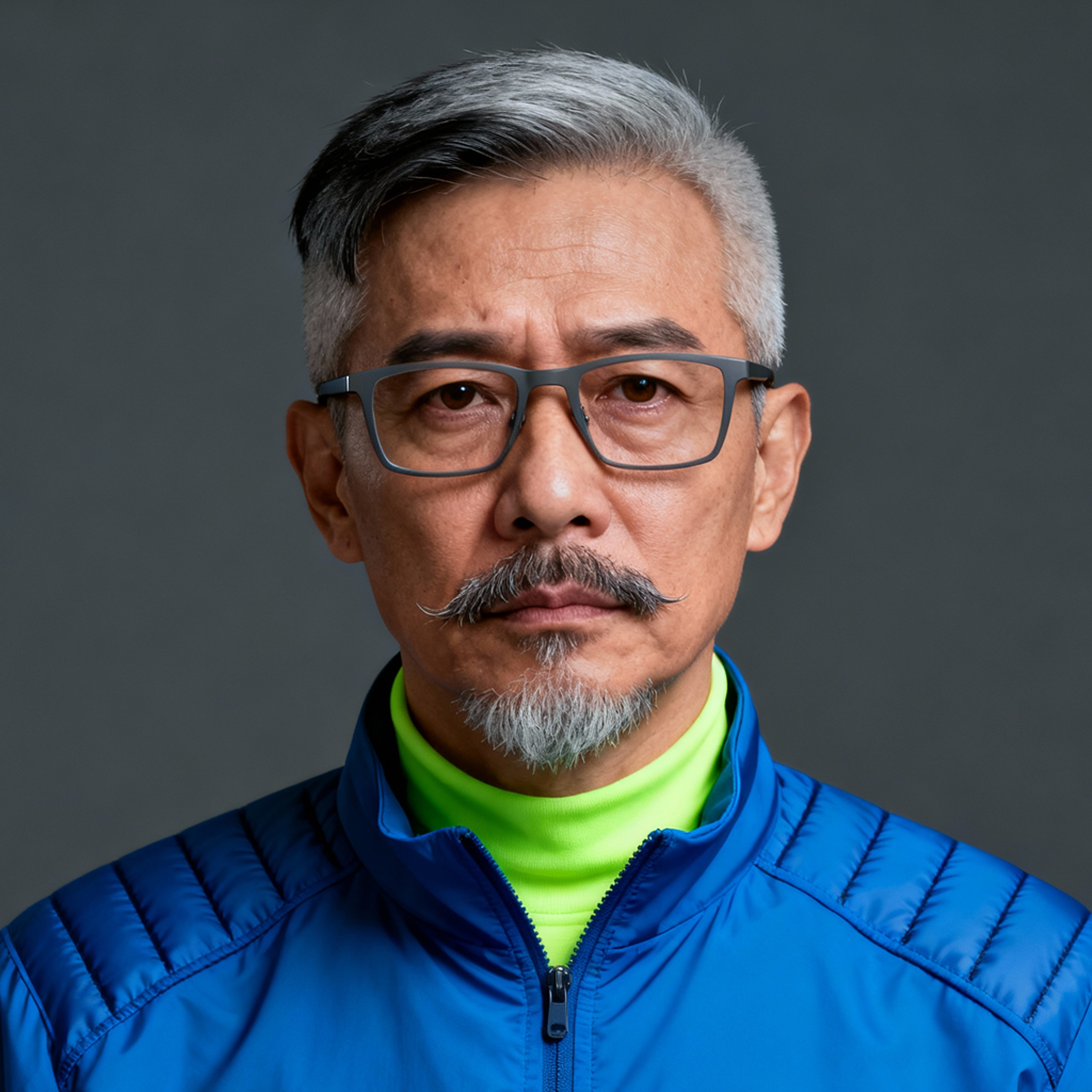 AI-generated portrait of a middle-aged man with salt-and-pepper hair and glasses, wearing a technical jacket, posed with a serious expression against a dark gray background in harsh lighting.