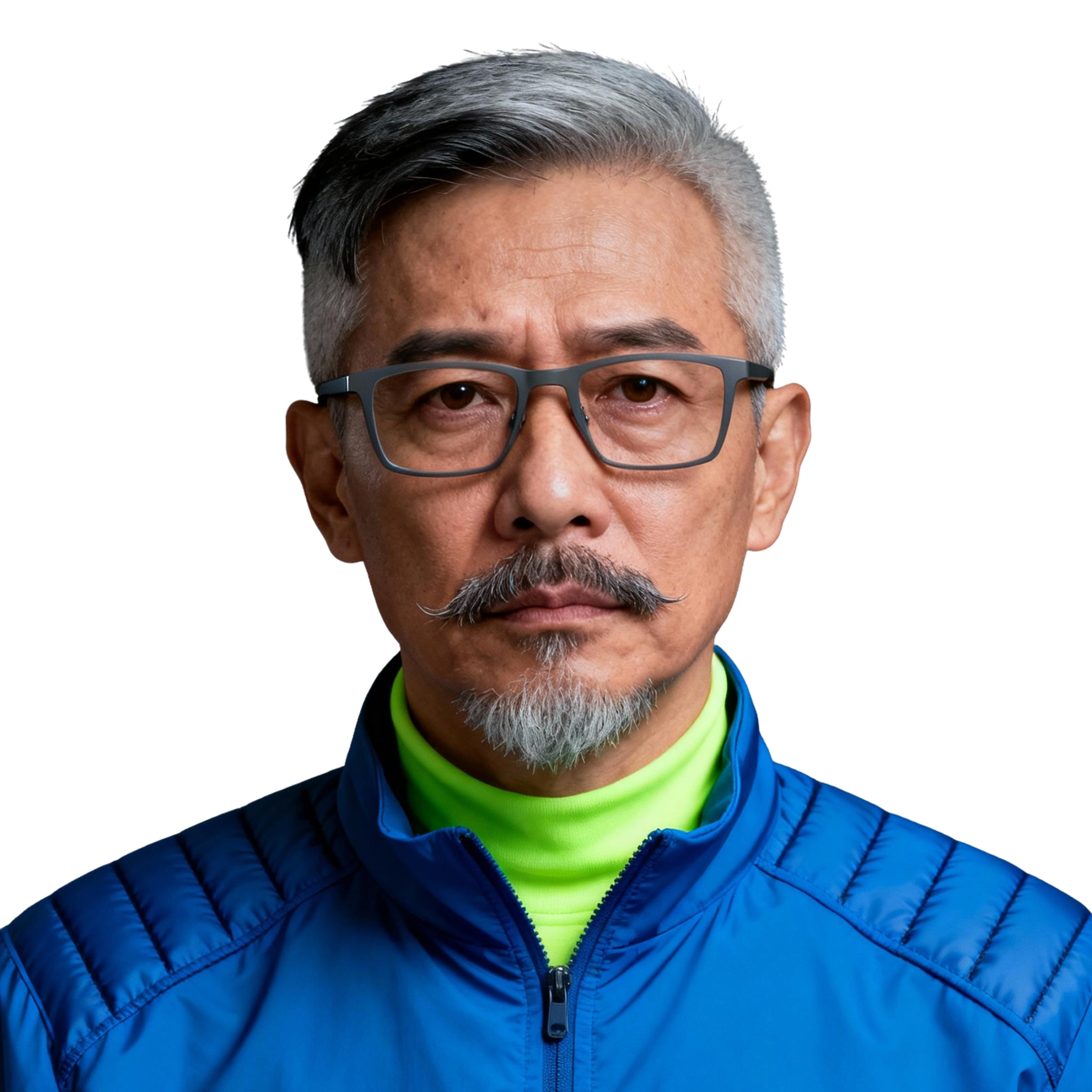 AI-generated portrait of a middle-aged man with salt-and-pepper hair and glasses, wearing a technical jacket, posed with a serious expression against a transparent background in harsh lighting.
