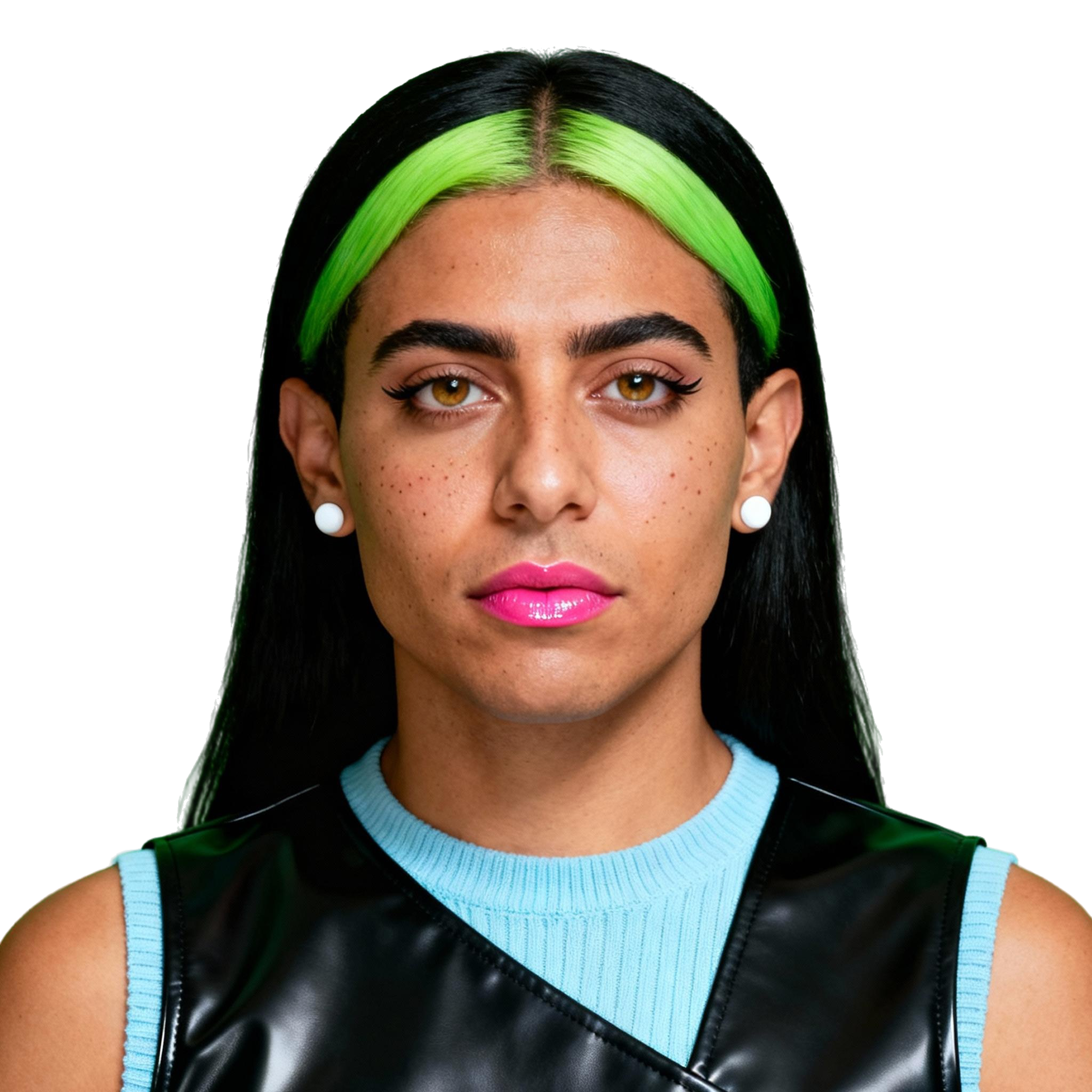 AI-generated portrait of a young woman with long dark hair and neon green highlights, wearing a sleeveless top, posed with a steady expression against a transparent background in harsh lighting.