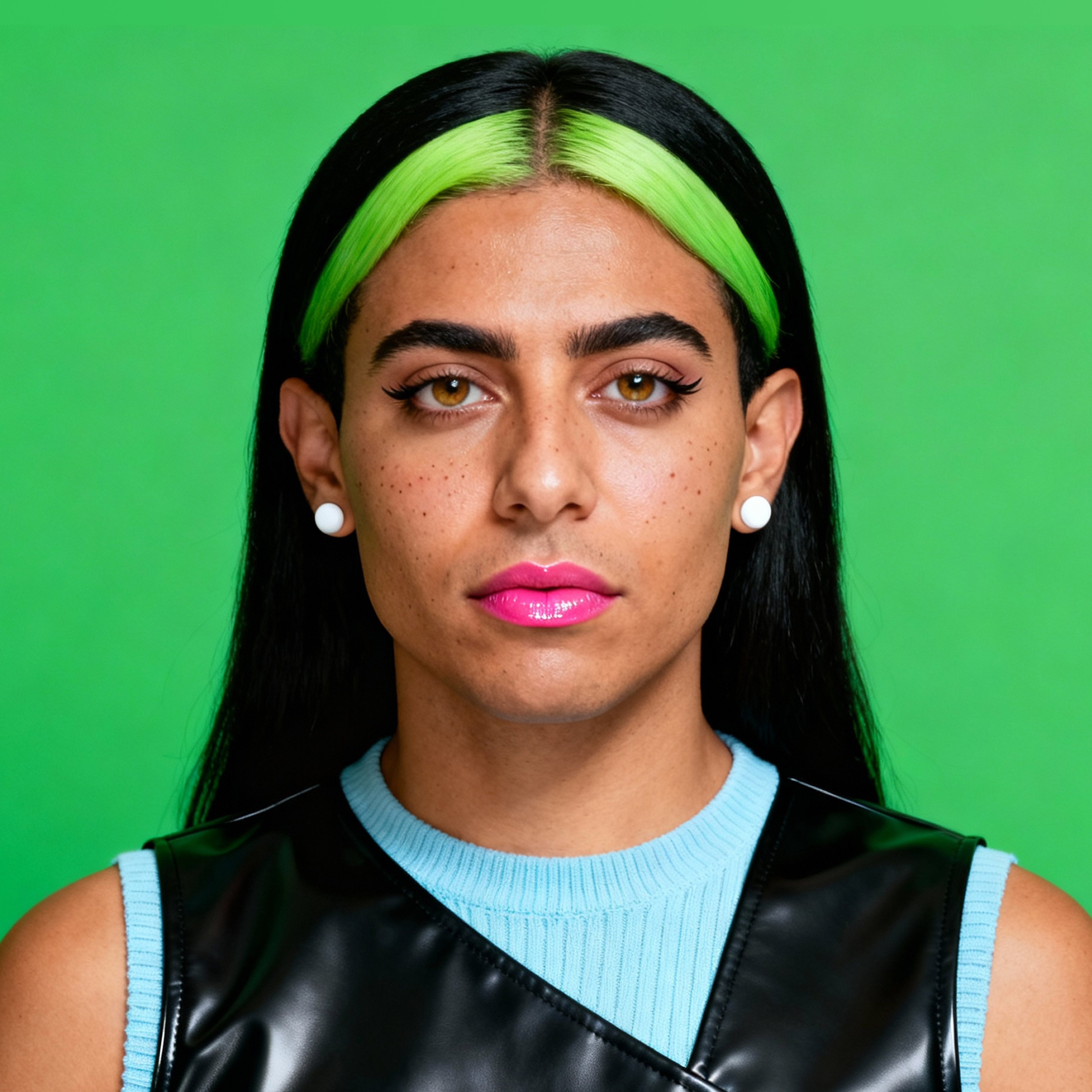 AI-generated portrait of a young woman with long dark hair and neon green highlights, wearing a sleeveless top, posed with a steady expression against a bright green background in harsh lighting.