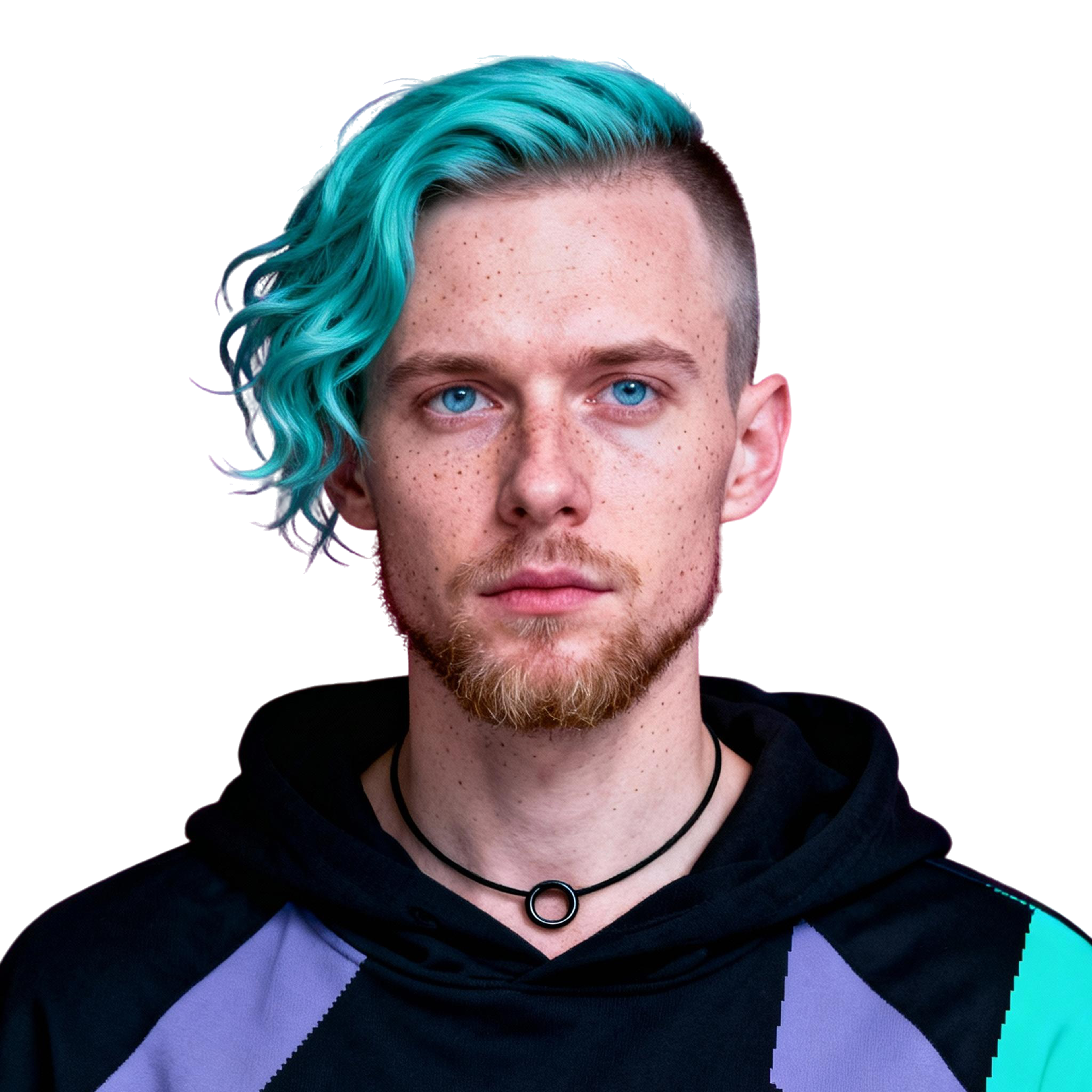 AI-generated portrait of a young man with wavy dyed hair and freckles, wearing a layered hoodie, posed with a guarded expression against a transparent background in harsh lighting.
