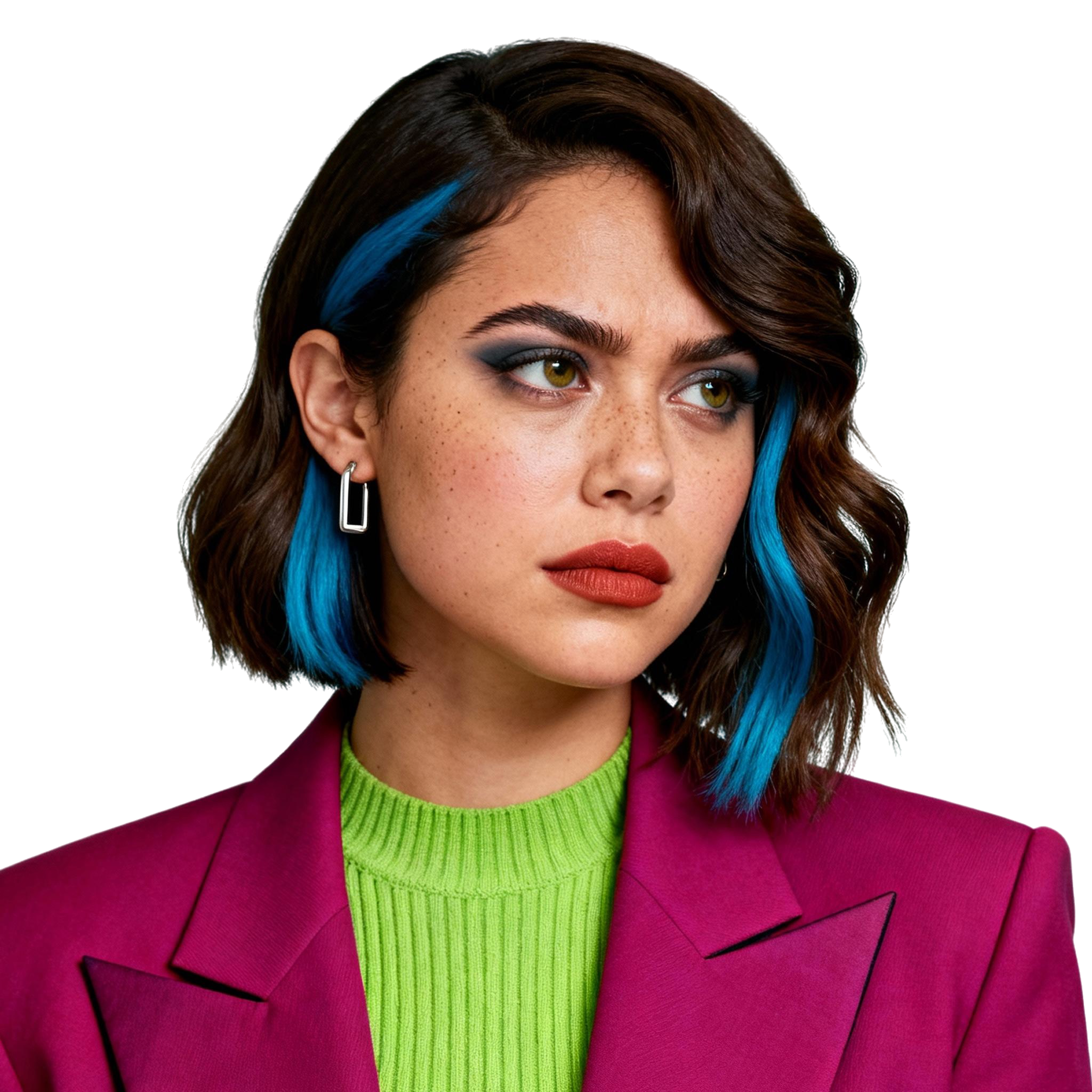 AI-generated portrait of a young woman with wavy shoulder-length hair and blue streaks, wearing a bright blazer and knit top, posed with a focused expression against a transparent background in harsh lighting.