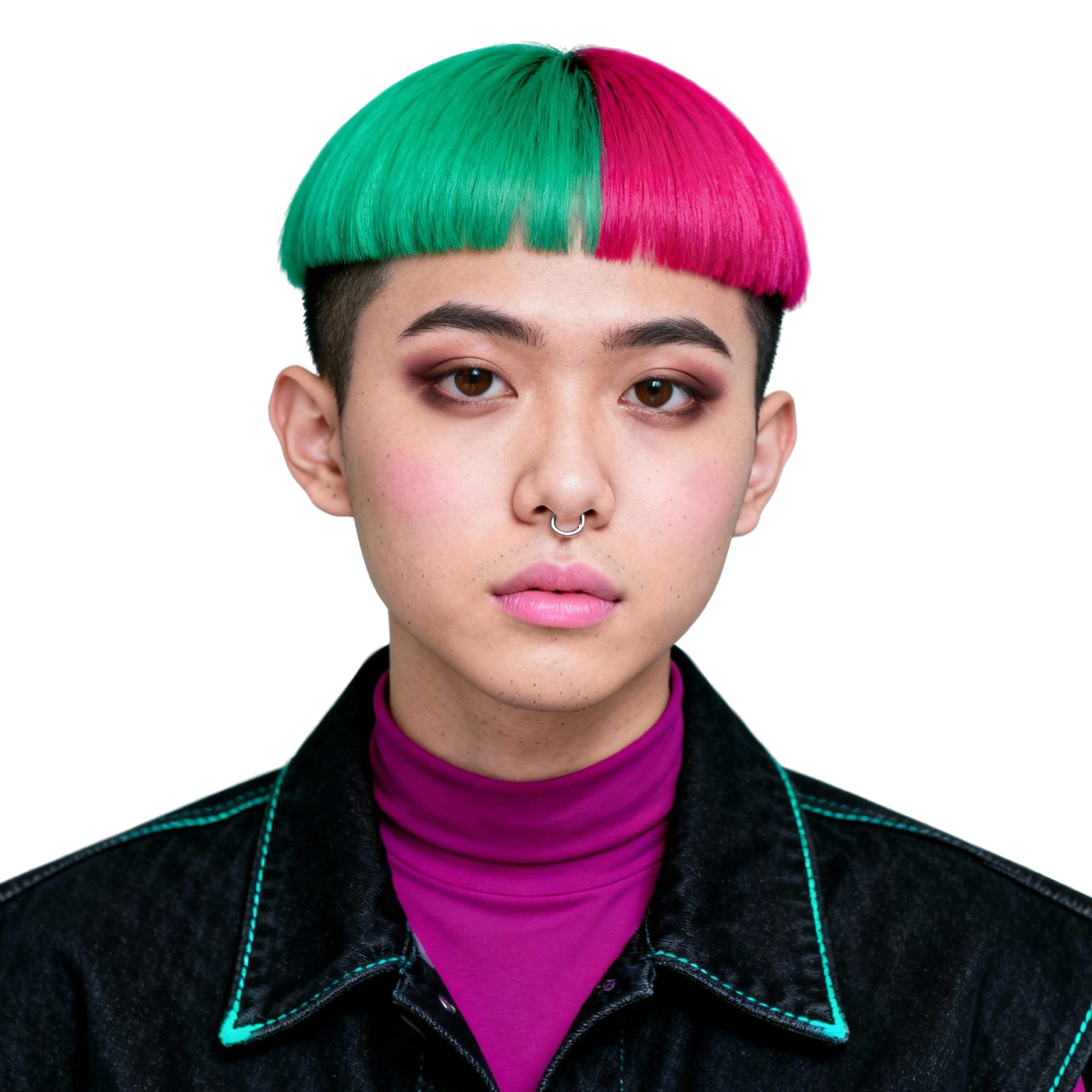 AI-generated portrait of a young person with a two-tone green and pink bowl cut and septum piercing, wearing a dark jacket and high-neck top, posed with a neutral expression against a transparent background in harsh lighting.