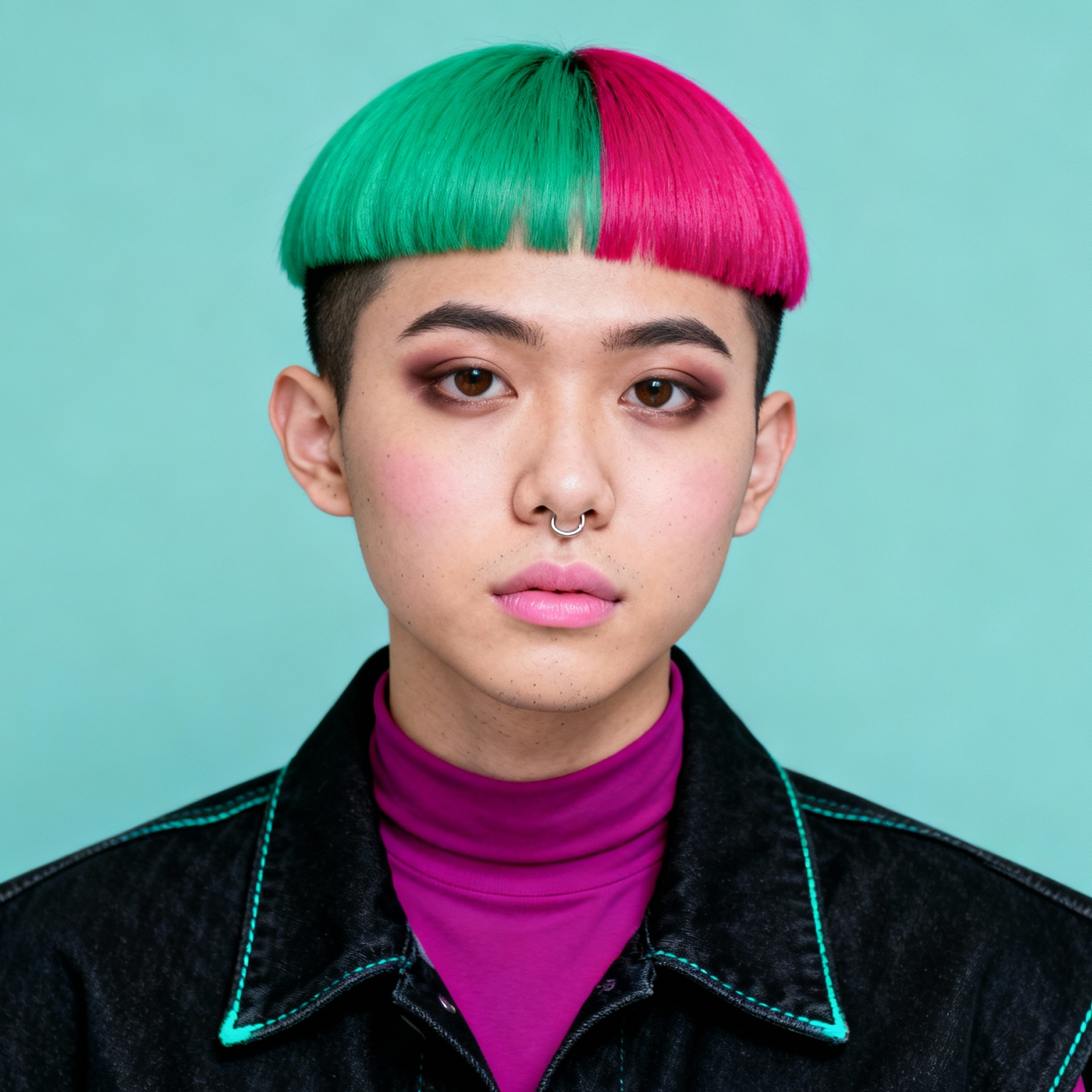 AI-generated portrait of a young person with a two-tone green and pink bowl cut and septum piercing, wearing a dark jacket and high-neck top, posed with a neutral expression against a teal background in harsh lighting.