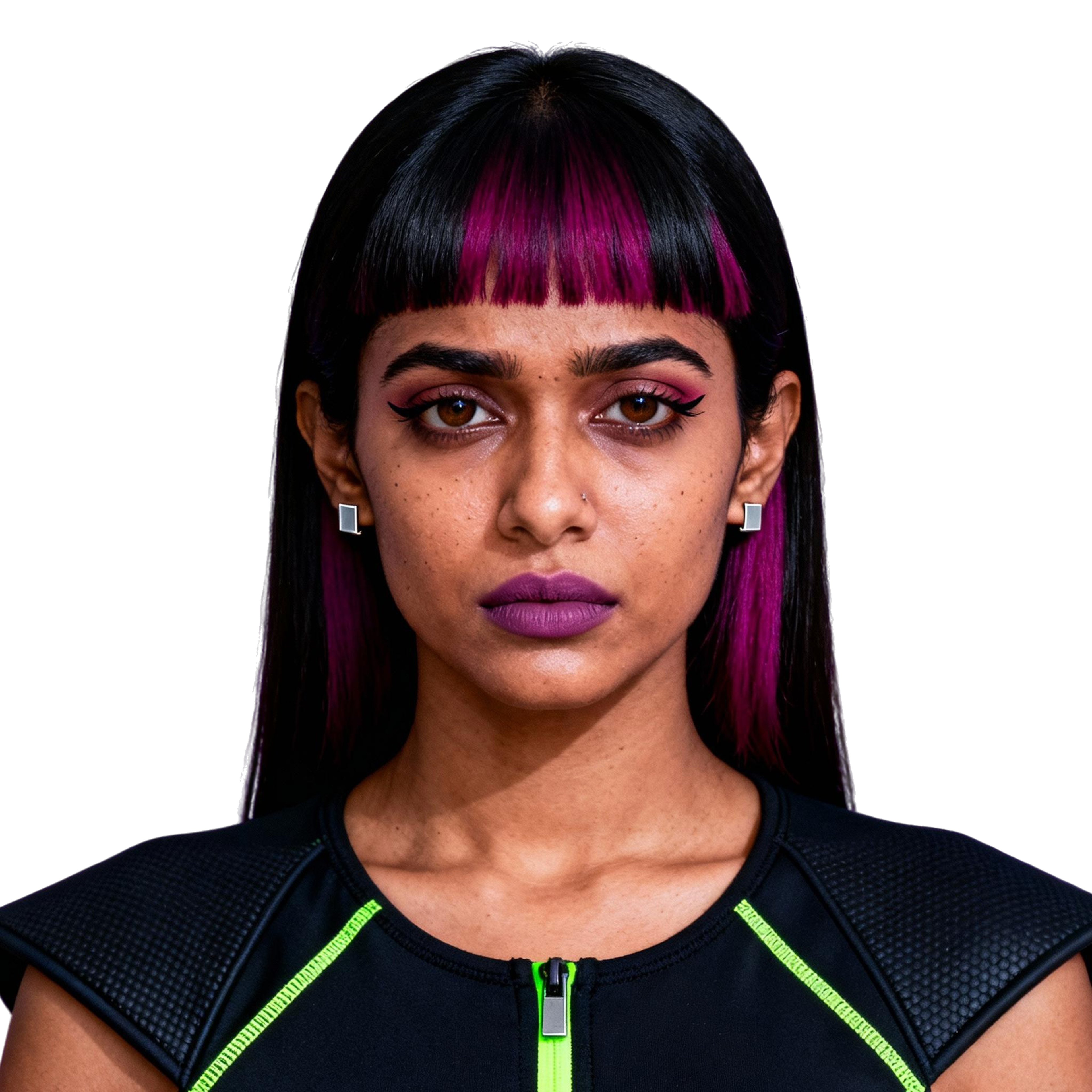 AI-generated portrait of a young woman with long straight hair and magenta bangs, wearing a structured top, posed with a serious expression against a transparent background in harsh lighting.