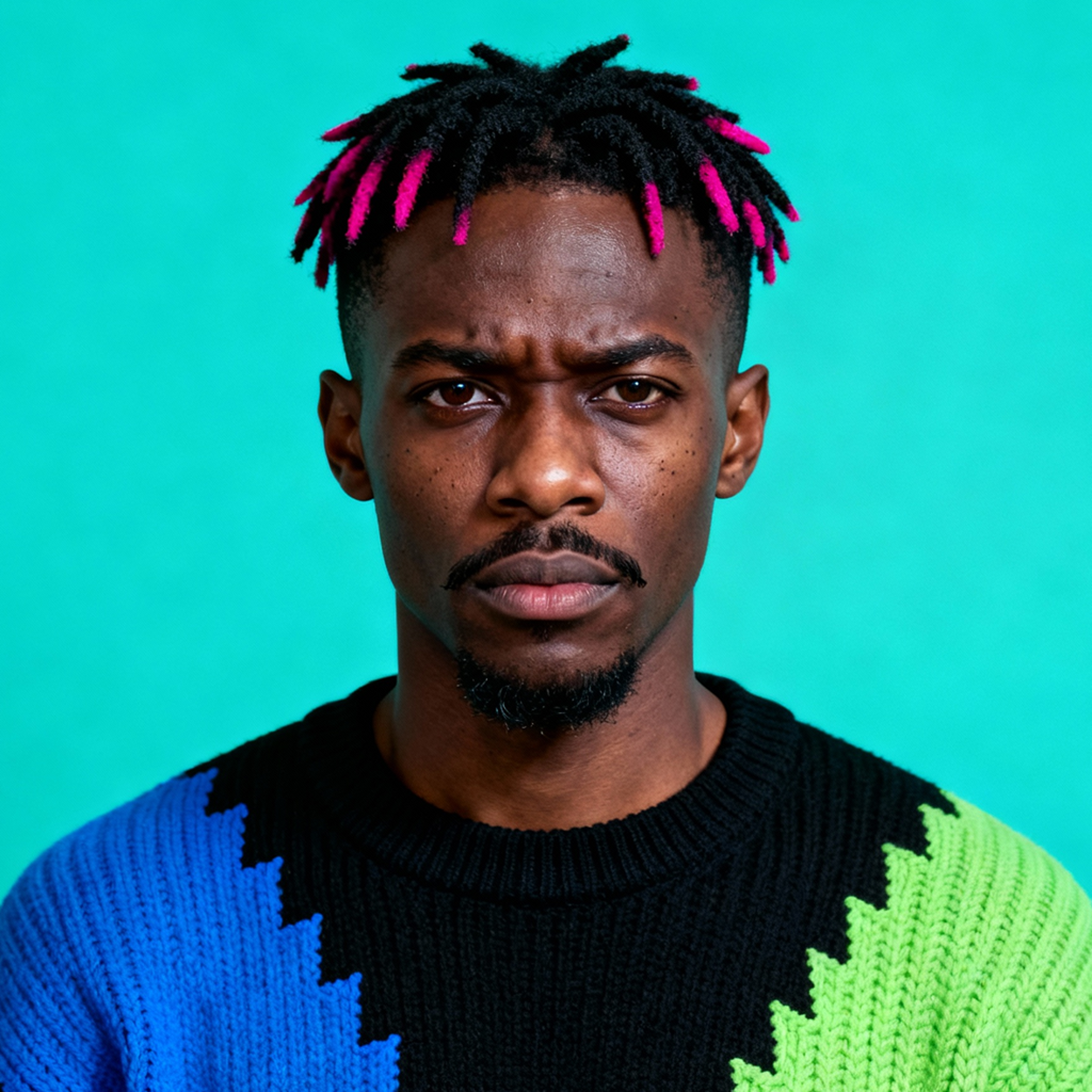 AI-generated portrait of a young man with short twisted hair tipped in neon pink and a trimmed goatee, wearing a graphic knit sweater, posed with an intense expression against a teal background in harsh lighting.