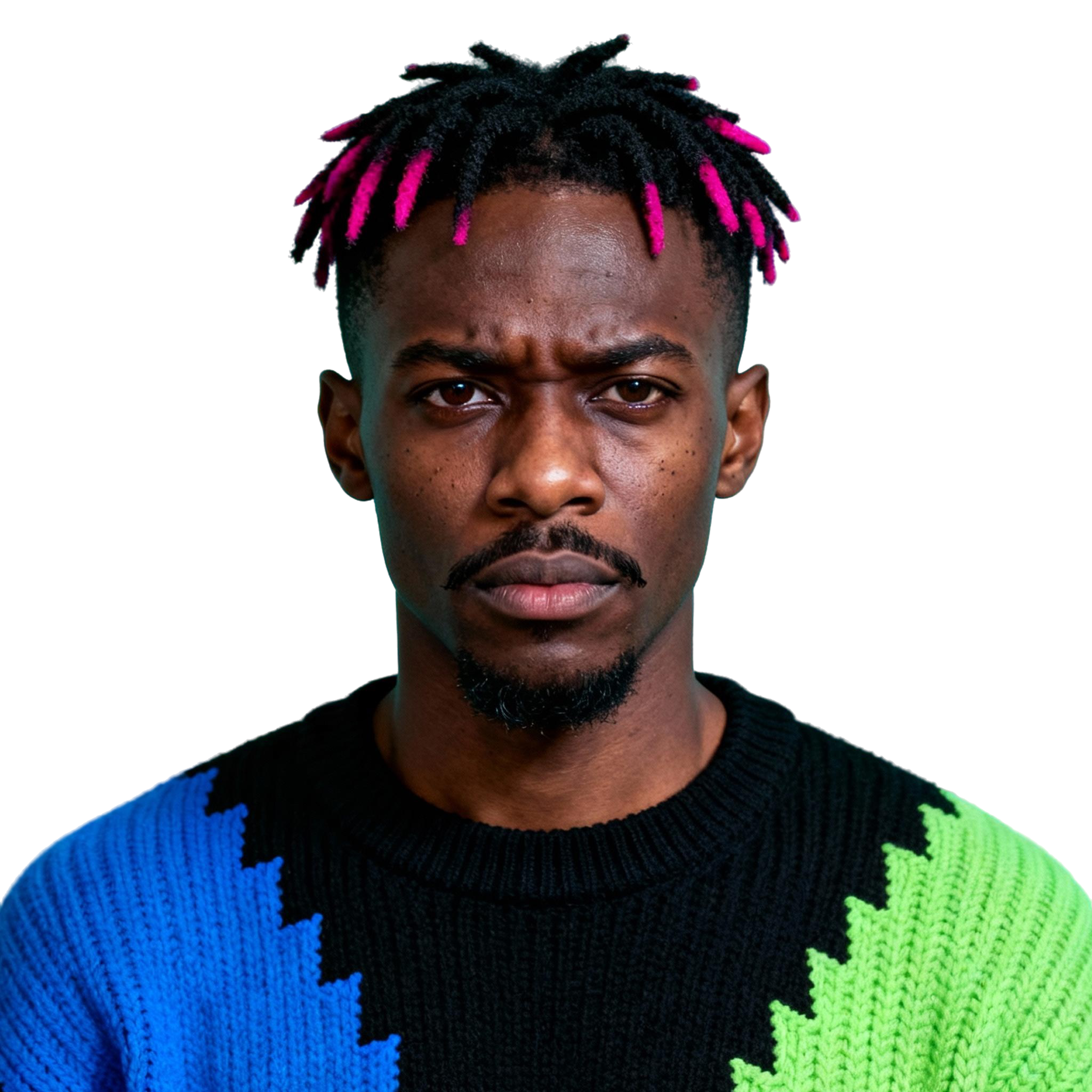 AI-generated portrait of a young man with short twisted hair tipped in neon pink and a trimmed goatee, wearing a graphic knit sweater, posed with an intense expression against a transparent background in harsh lighting.