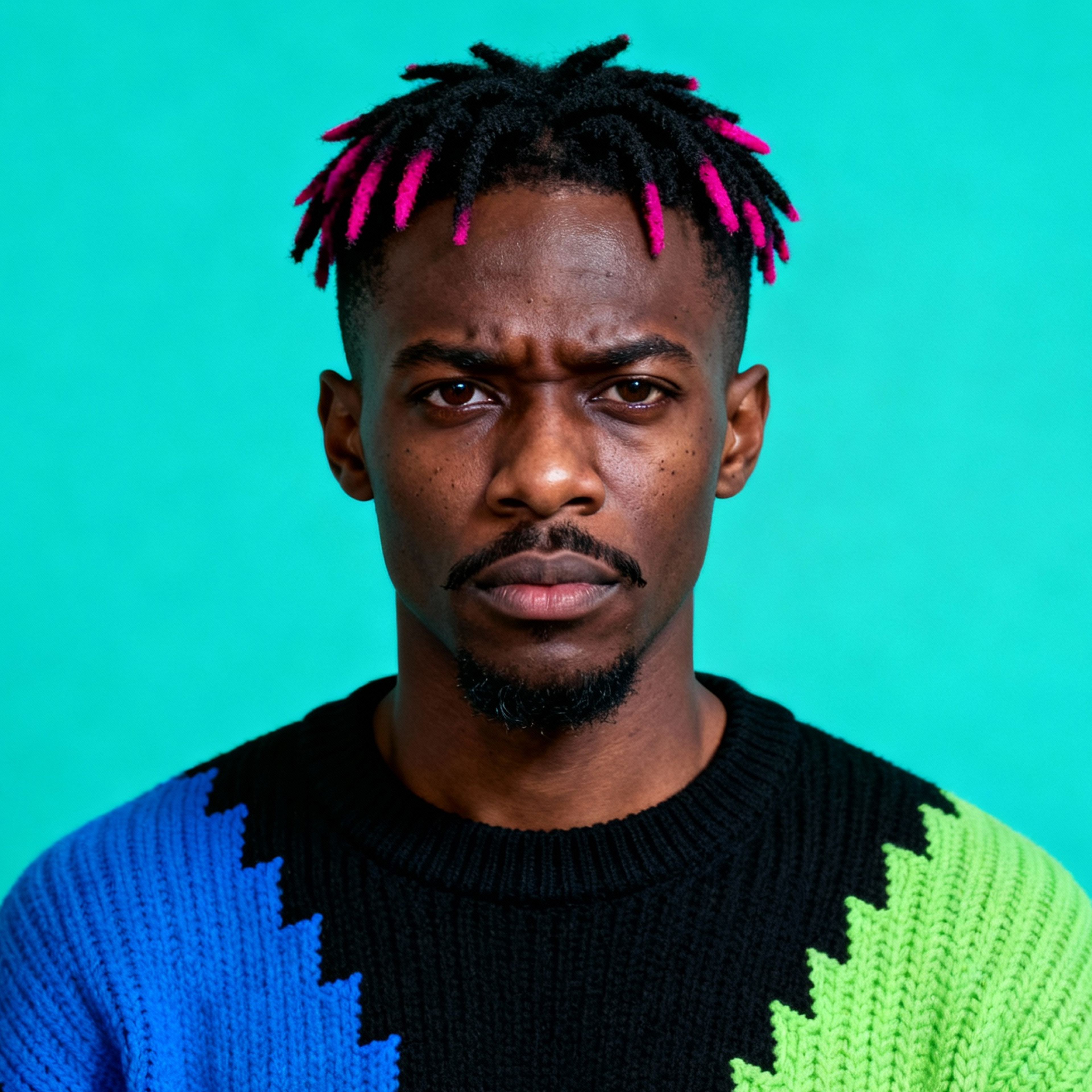 AI-generated portrait of a young man with short twisted hair tipped in neon pink and a trimmed goatee, wearing a graphic knit sweater, posed with an intense expression against a teal background in harsh lighting.