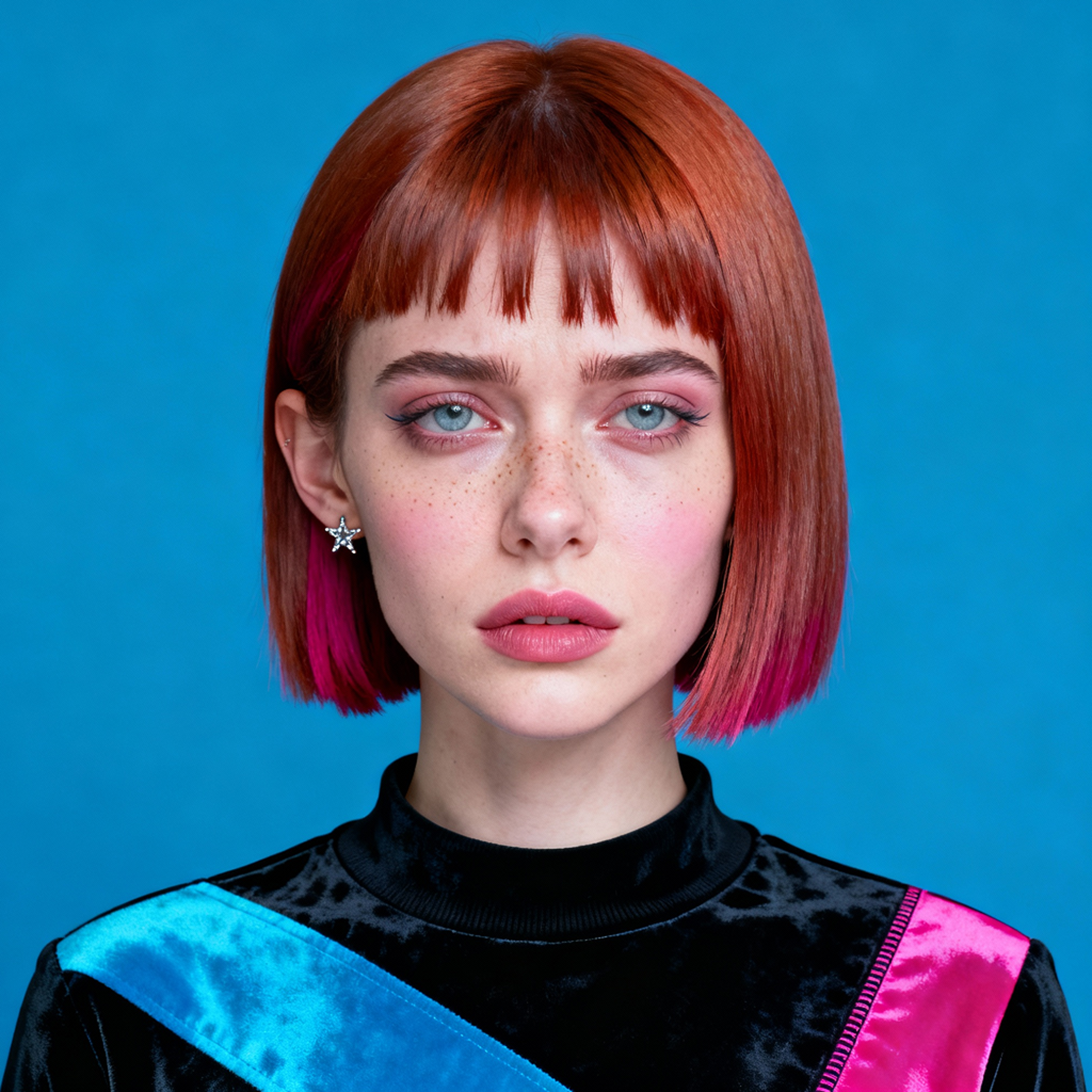 AI-generated portrait of a young woman with a blunt red bob haircut and light freckles, wearing a velvet-textured top, posed with a distant expression against a bright blue background in harsh lighting.