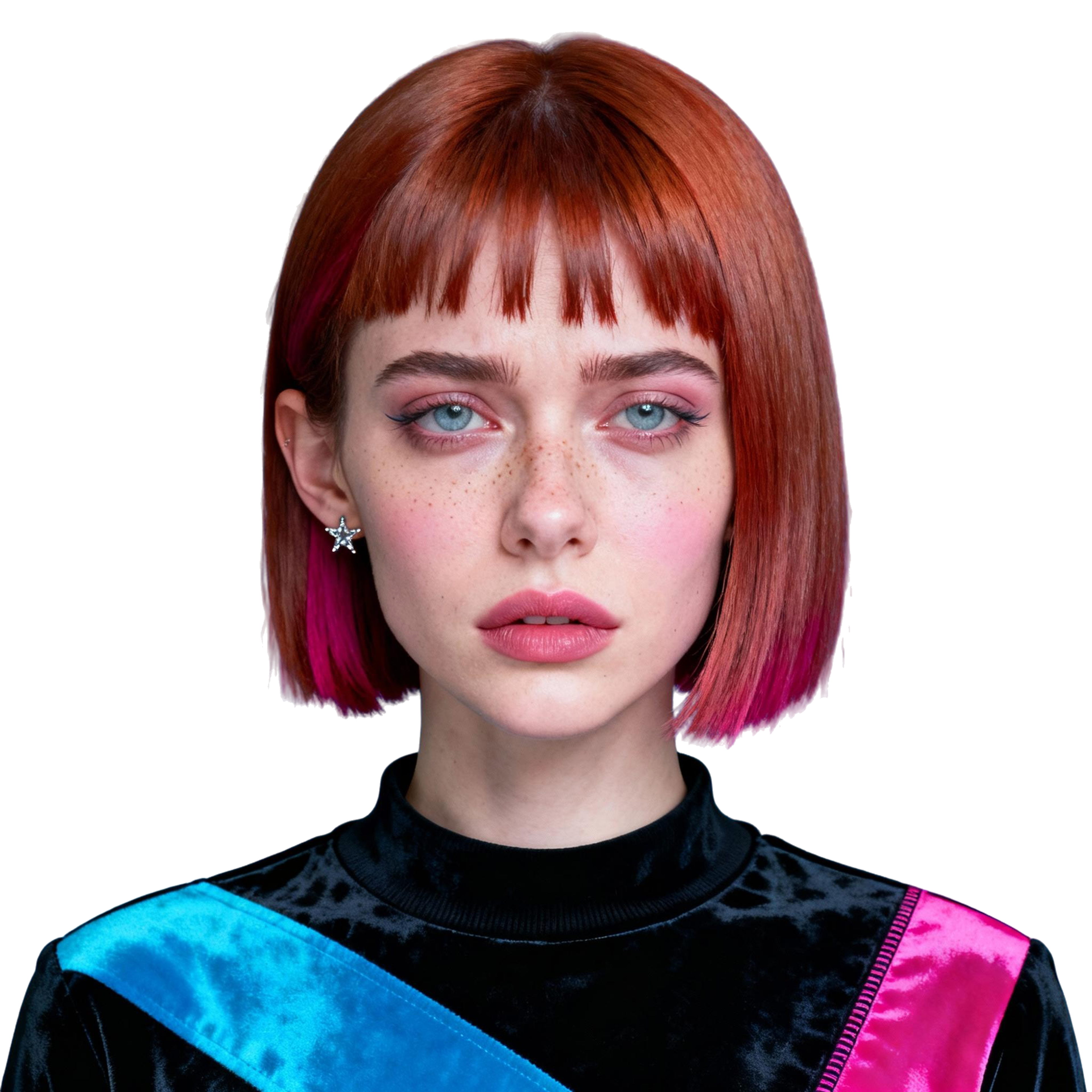 AI-generated portrait of a young woman with a blunt red bob haircut and light freckles, wearing a velvet-textured top, posed with a distant expression against a transparent background in harsh lighting.