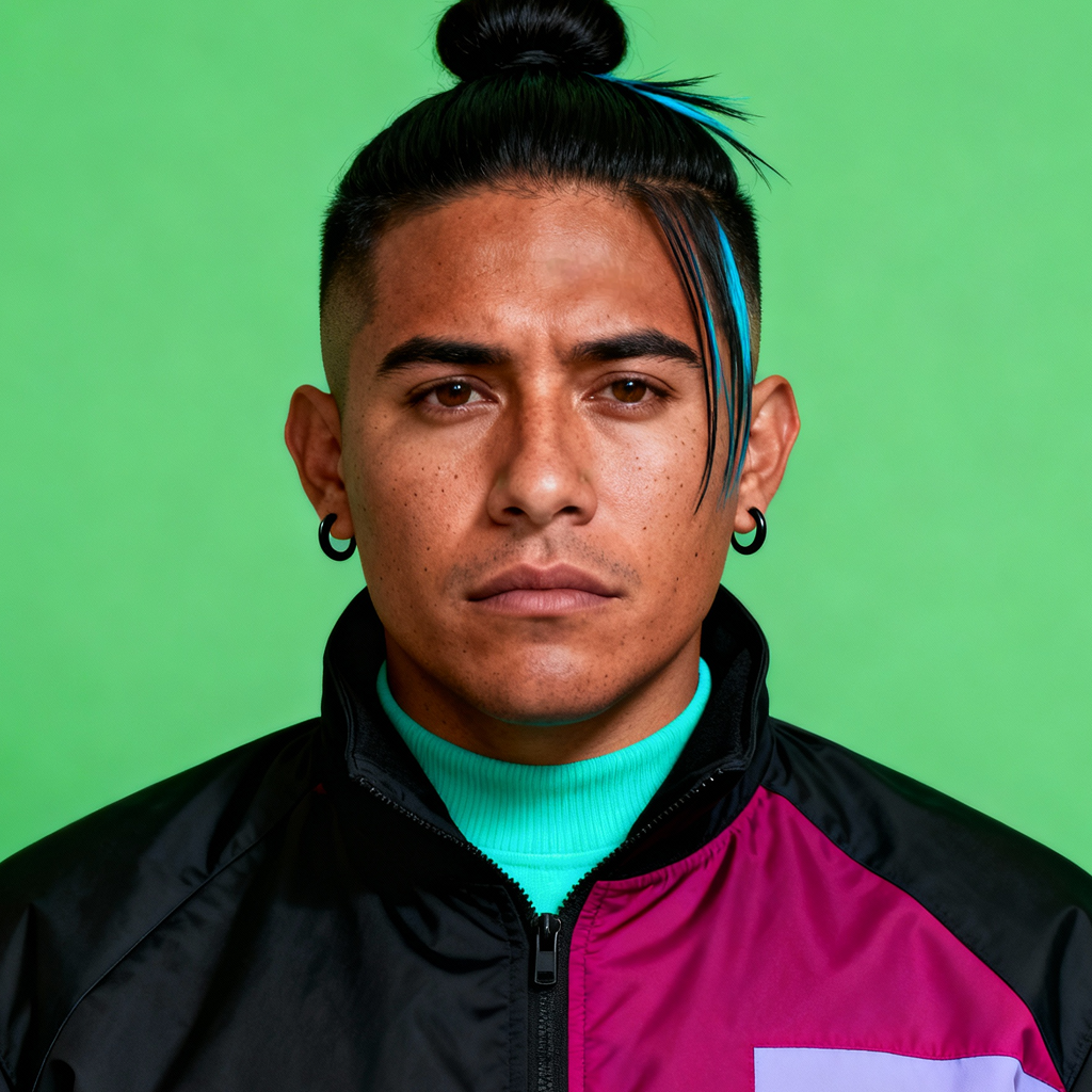 AI-generated portrait of a young man with shaved sides and a top knot with a blue streak, wearing a technical jacket and high-neck layer, posed with a stern expression against a green background in harsh lighting.
