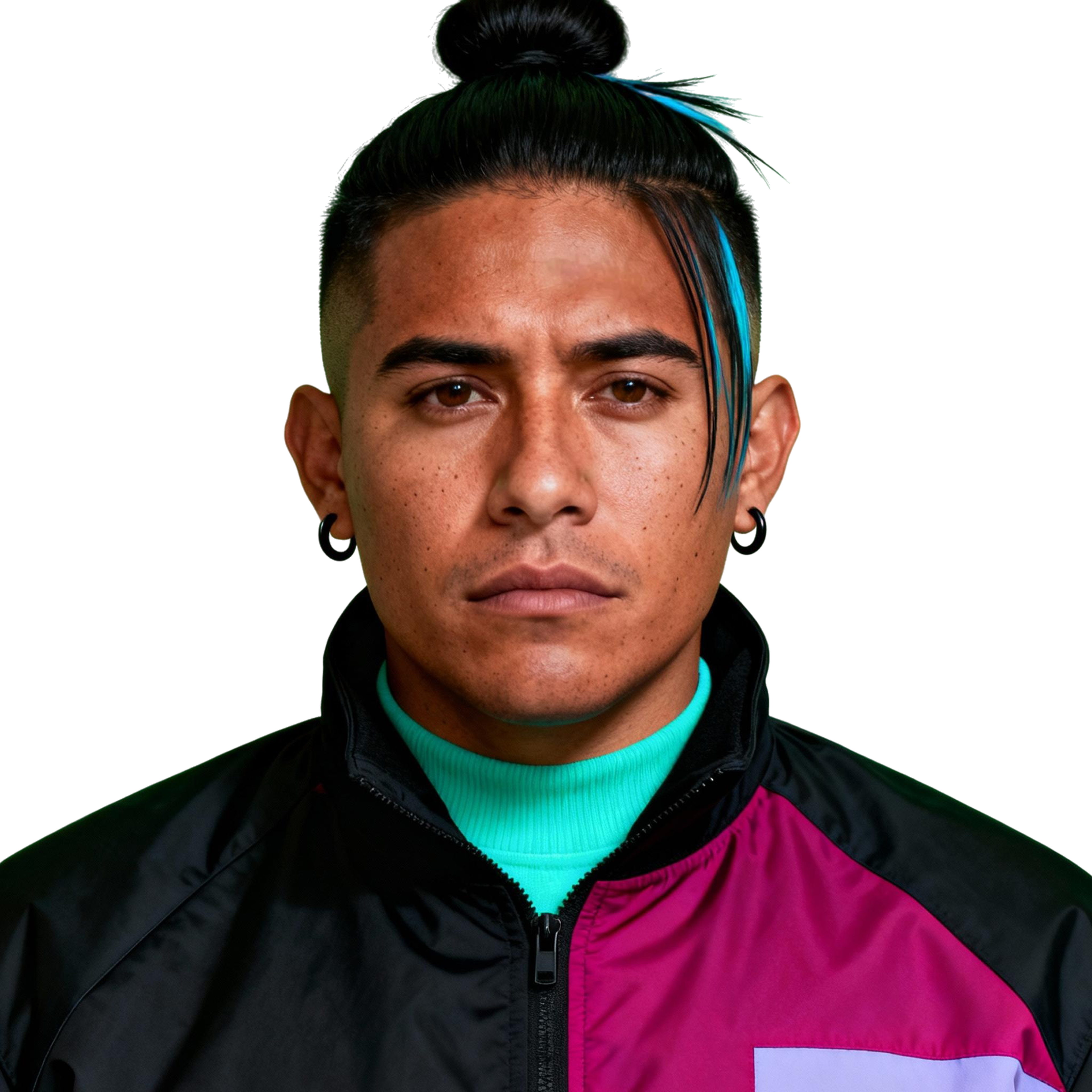 AI-generated portrait of a young man with shaved sides and a top knot with a blue streak, wearing a technical jacket and high-neck layer, posed with a stern expression against a transparent background in harsh lighting.